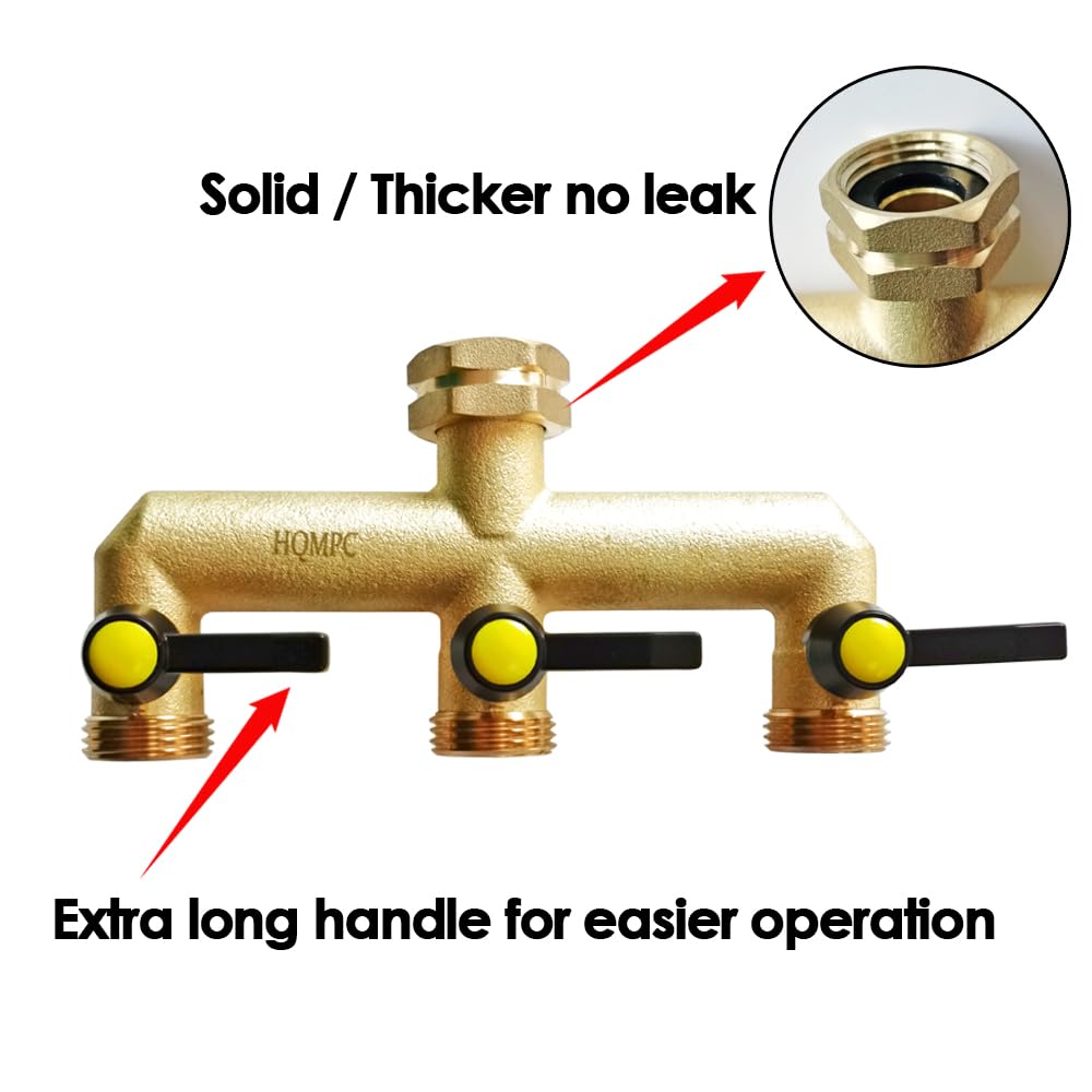 HQMPC Hose Splitter Garden Hose 3 Way Valve Brass Hose Splitter With Solid Long Handle Hose Spigot Splitter 3 Way Valve 3/4" GHT Thread