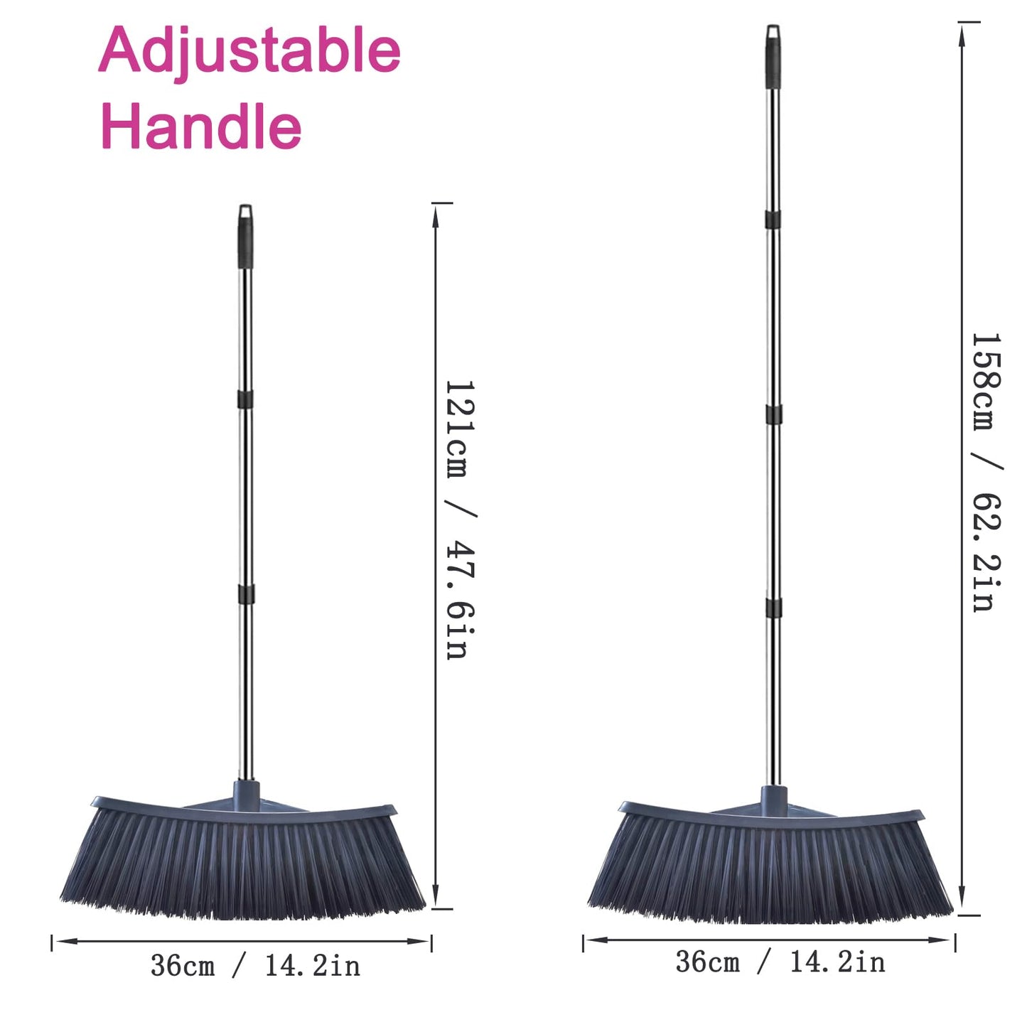 Heavy-Duty Outdoor Broom with 62-Inch Stainless Steel Handle - 14.2-Inch Wide Plastic Broom Head for Garage, Yard, Sidewalk - No Bend Sweeping, Durable & Lightweight