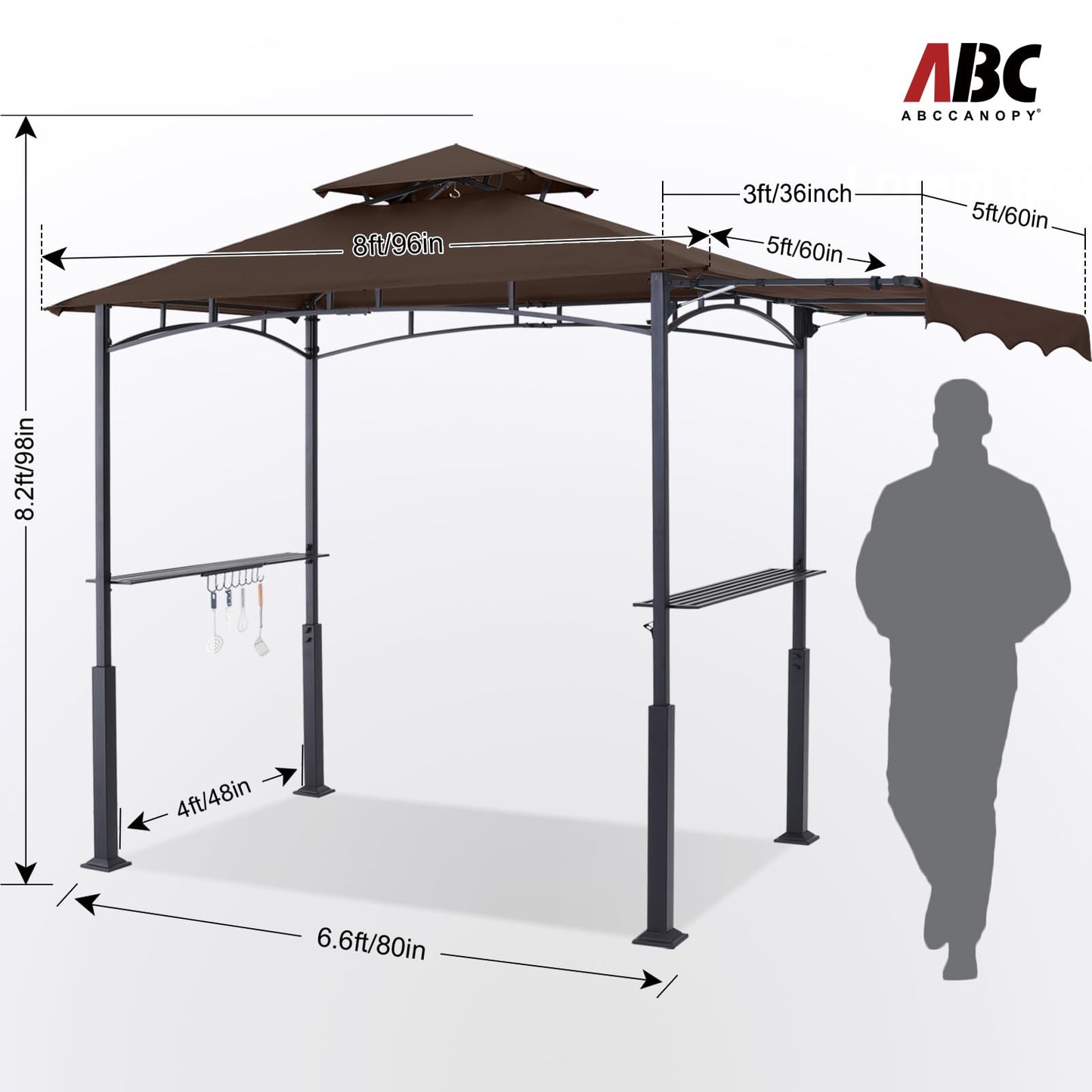 ABCCANOPY Grill Gazebo with Extra Awning - 11x5 Outdoor BBQ Canopy Shelter with 2 Led Lights for Patio Backyard Grilling (Coffee)