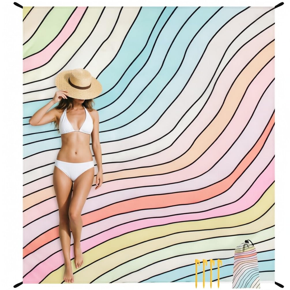 Beach Blanket Sandproof Waterproof, Large Beach Mat for 2-4 Adults with Stakes, Sand Free Compact Lightweight Picnic Blankets, Beach Essentials Necessities Accessories Must Haves-Colorful Rainbow Wave