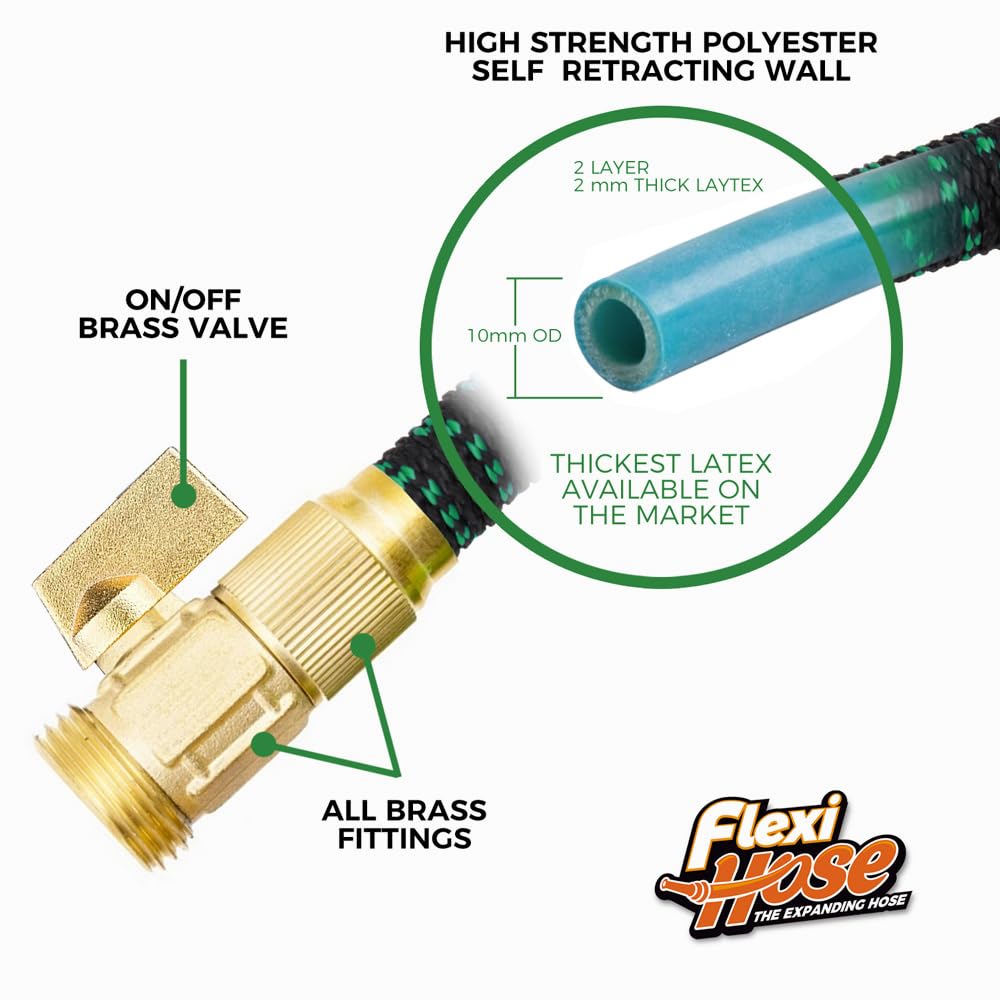 Flexi Hose with 8 Function Nozzle, 50FT - Lightweight Expandable Garden Hose, No-Kink Flexibility, 3/4 Inch Solid Brass Fittings and Double Latex Core - Green