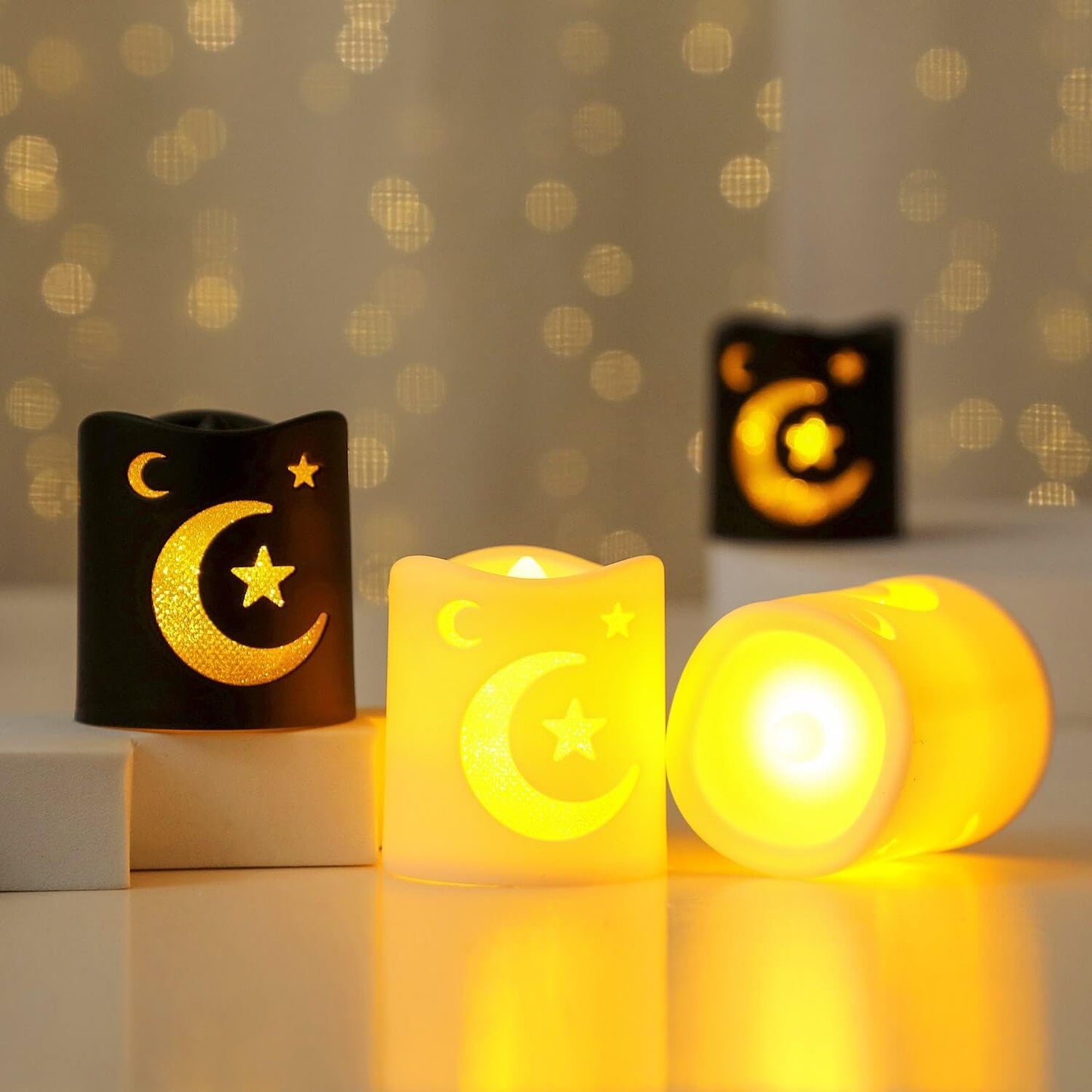 NUVCELKA Ramadan Lantern, 4 Pack LED Mini Moon Star Pattern for Home Table Fireplace Indoor Eid Mubarak Decor