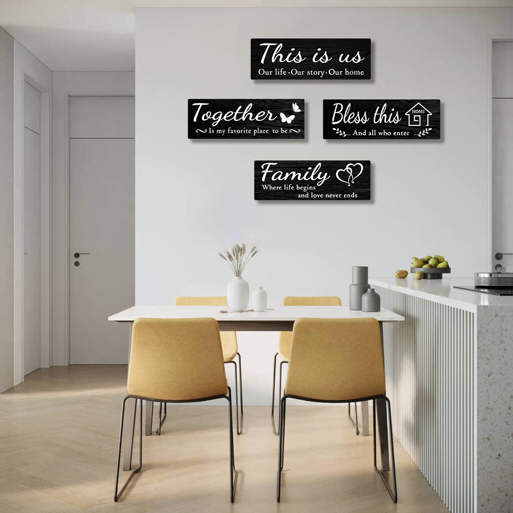 IDATOO 4 PCS Home Wall Decor Signs, Rustic Wooden Living Room Hanging Decorations with Quotes THIS IS US/TOGETHER/BLESS THIS/FAMILY, Housewarming Gifts for Wedding Kitchen