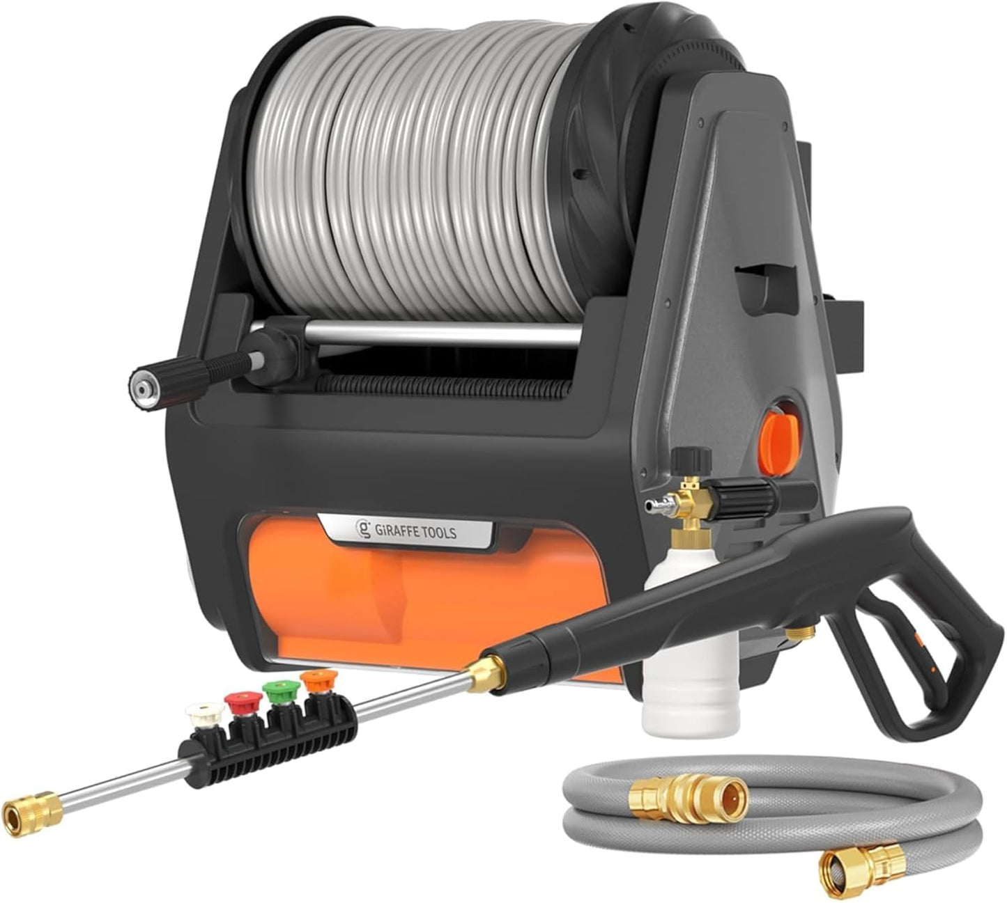 Giraffe Tools Grandfalls Wall Mounted Pressure Washer Pro, Max 2900 PSI, 2.2 GPM Electric Power Washer with 100ft Retractable Hose, Foam Cannon, 4-Nozzles, Automatic Rewind