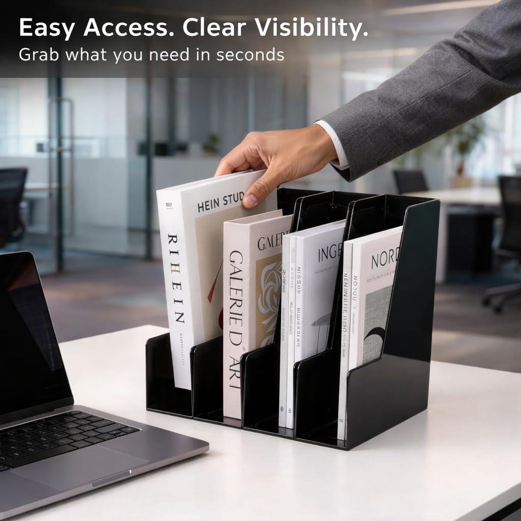 CiWiVOKi Vertical Magazine File Holder, Desk Organizer and Storage for Magazines, Binders, Notebooks, Envelopes, Multi-Purpose Desktop File Organizer for Home, Office & Classroom, 4 Pack, Black