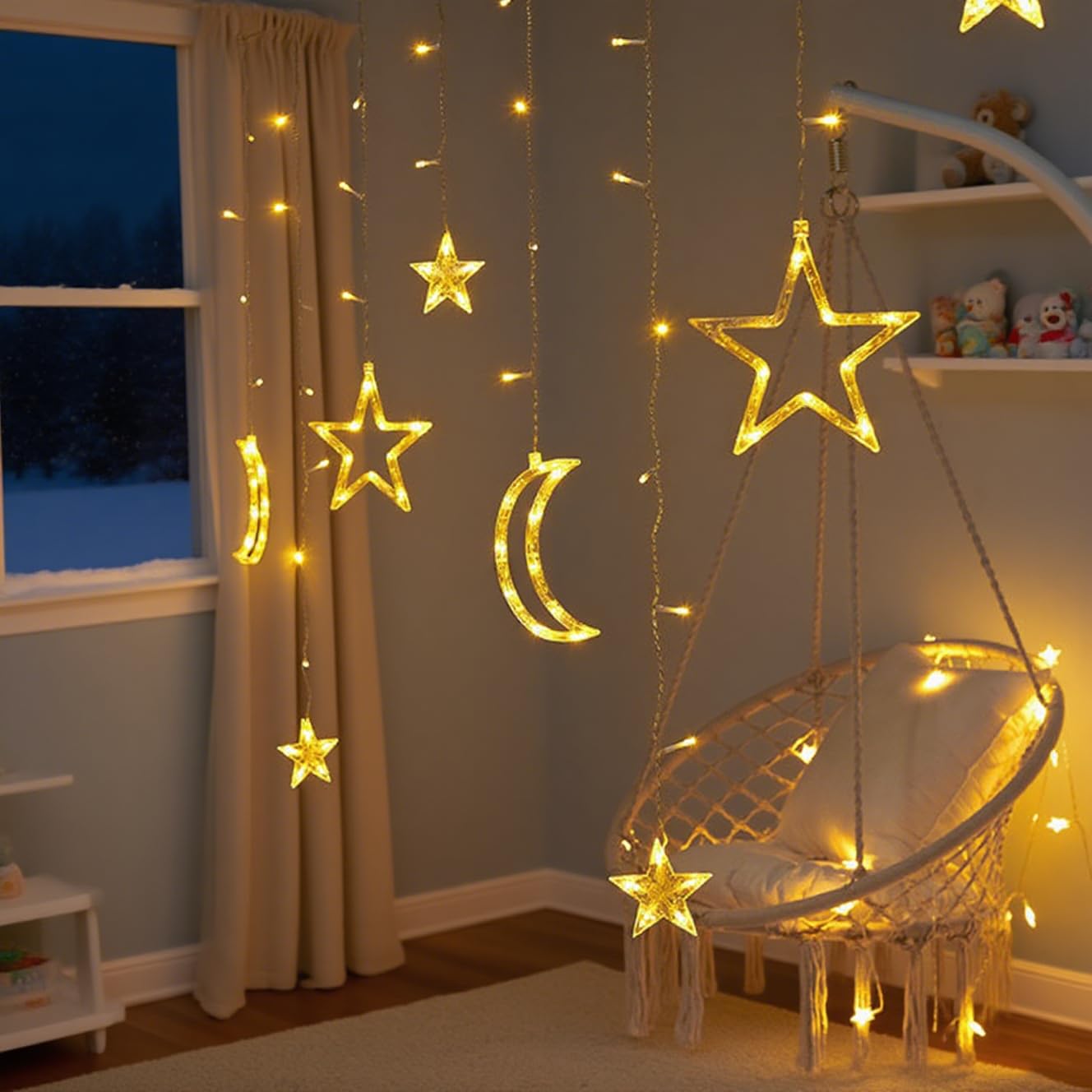 Moon and Stars Decor Curtain Lights, 11.5ft String Lights for Bedroom, Christmas, Ramadan Decor, Indoor LED Fairy Twinkle Light, Battery Operated or USB Plug-in (Warm Yellow)