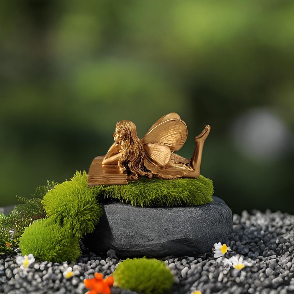 wsmart Fairy Figurines - Golden Fairy Reading Statue for Garden, Home Decor, Small Outdoor Angel Figurines, Unique Gift Idea