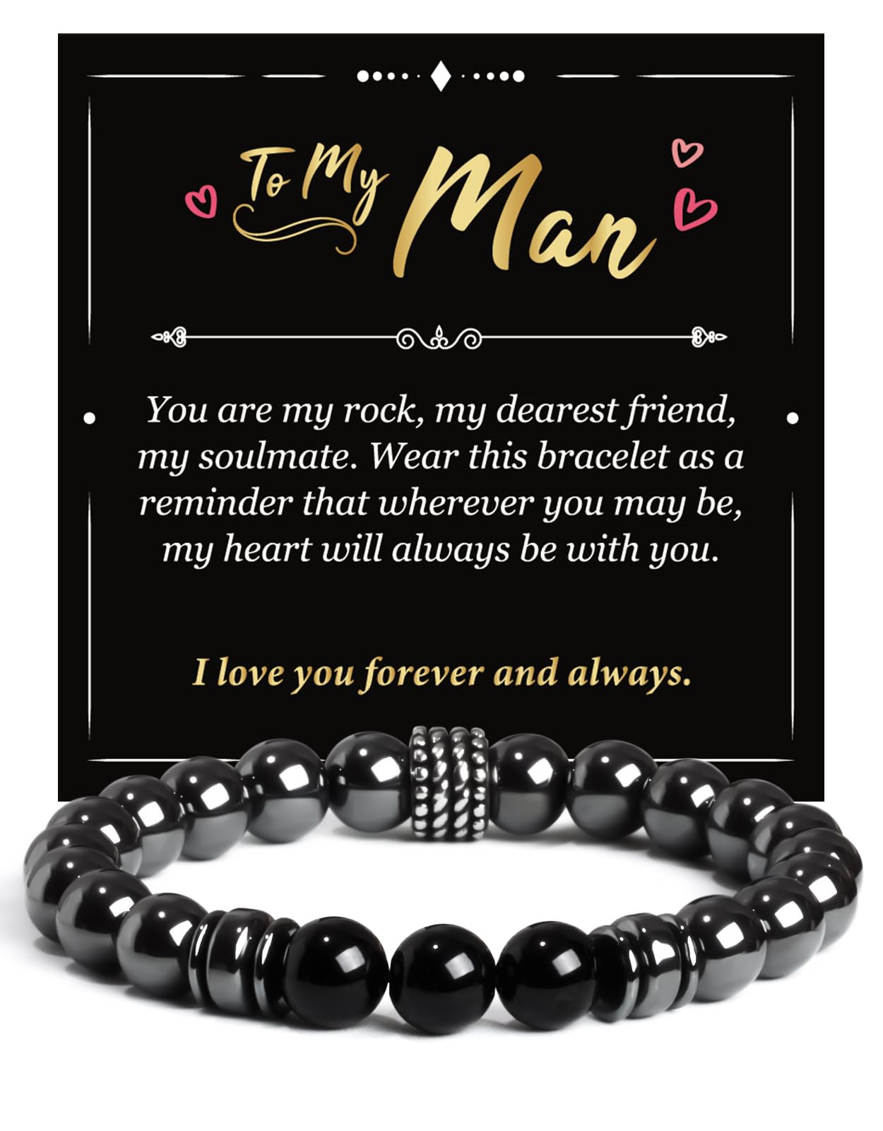 Landorilo Gifts for Men, 8mm Natural Stone Beaded Bracelets, Hematite & Tourmaline Healing Bracelet, Handmade Mens Jewelry Gift for Him, Husband, Son, Father, Friend(Happy Birthday-7.5in)