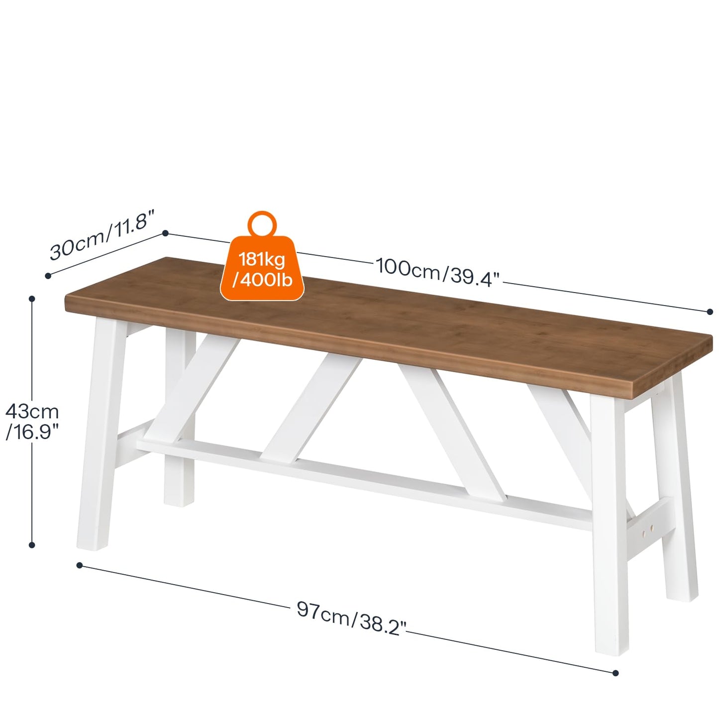 HOOBRO Bamboo Dining Bench, 39.4 inch Farmhouse Kitchen Table Bench, Solid Bamboo Dining Room Bench for Kitchen, Living Room, Bedroom, Hallway, Sturdy and Stable, Walnut and White WH17CD01