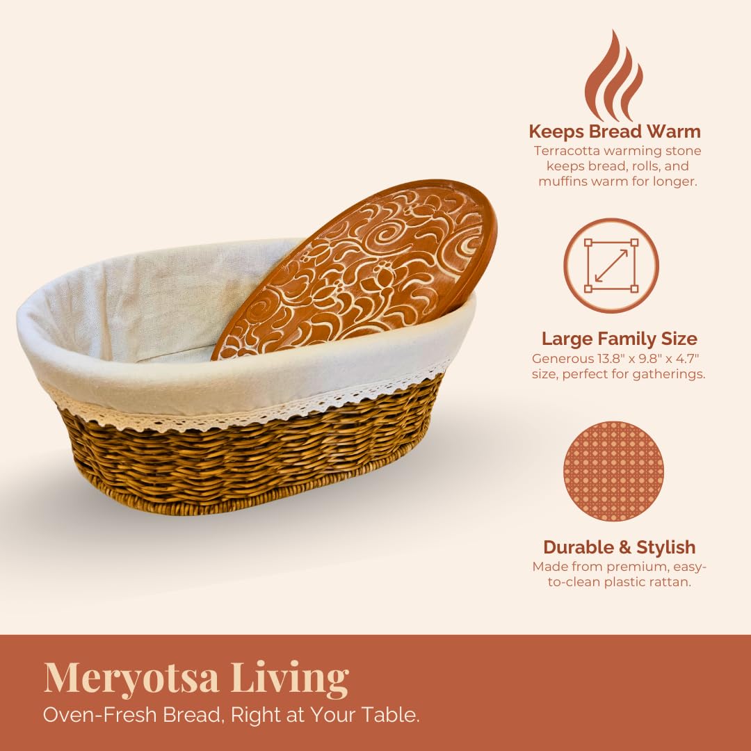Rustic Bread Basket with Warmer – Woven Farmhouse Bread Basket with Terracotta Warming Stone, Keeps Bread Warm & Fresh, Cozy Serving Basket for Bread, Rolls & Pastries, Mothers day, Mothers day gift