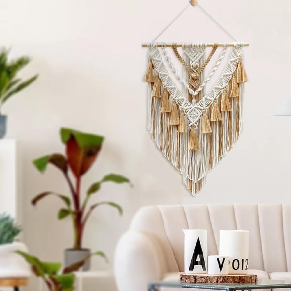 Boho Macrame Wall Hanging & Wall Decor, Cotton Handmade Tapestry with Tassel, Woven Macrame Wall Art for Decorating Bedroom Living Room Apartment Nursery (Brown)