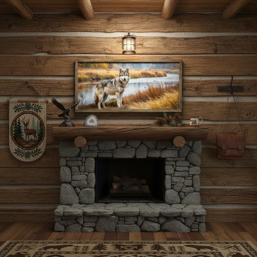 Wolf Wall Art Framed Decor: Rustic Cabin Wood Print Picture Wildlife Nature Painting Wild Animal Landscape Artwork for Bedroom Living Room Office 40 x 20 Inch