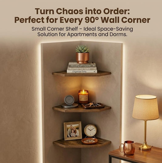 SUYU Set of 3 Floating Corner Shelves, 11.8" Rustic Wood Corner Shelf Wall Mounted, L-Shaped Corner Wall Shelf for Bathroom, Bedroom, Living Room, Kitchen, Office Organizer, Rustic Brown