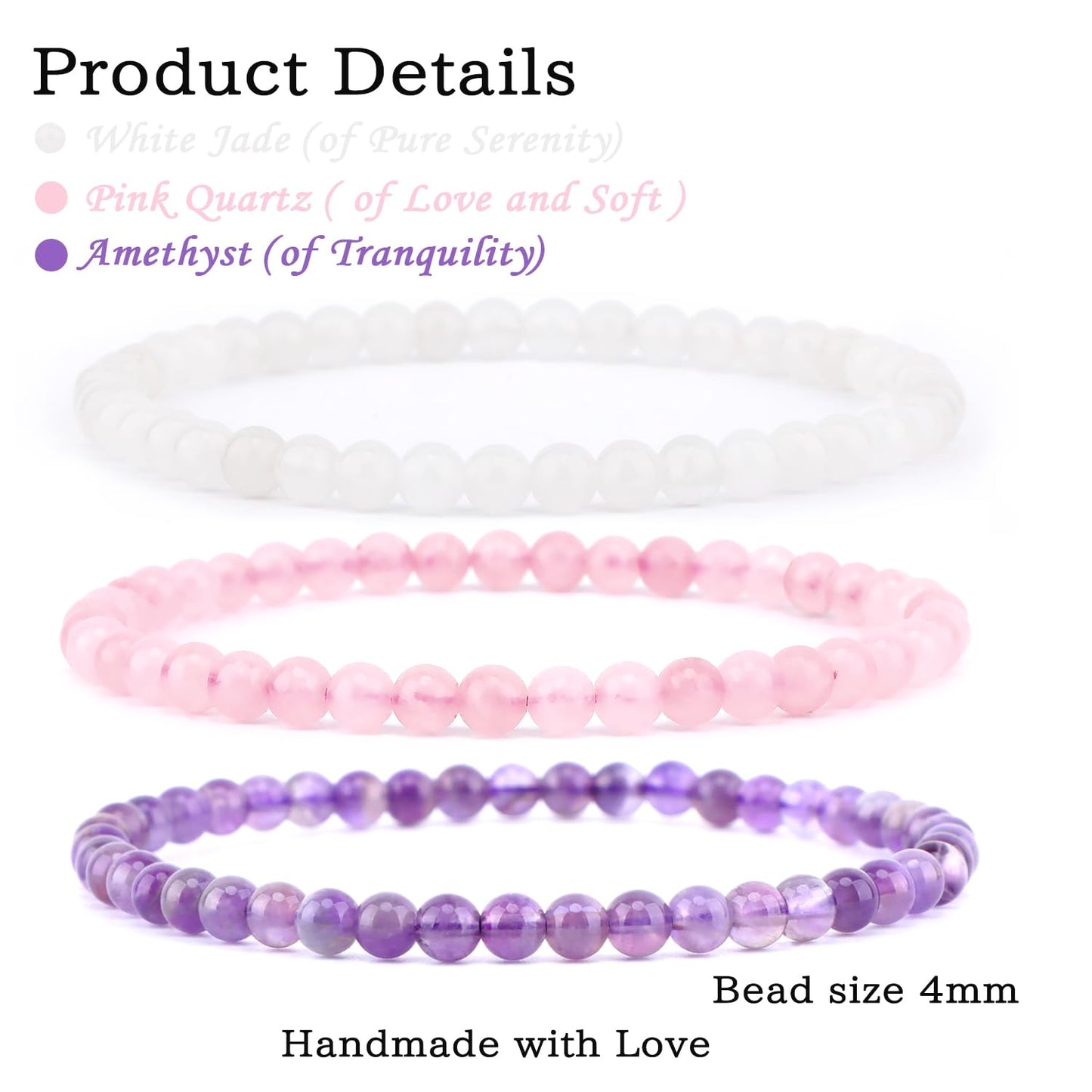 CMBYN 3-Pieces 4mm Natural Crystal Gemstone – ﻿Amethyst, Pink Quartz, White Jade Handmade Reiki Energy Healing Stretch Bracelets Jewelry for Yoga, Meditation, Unisex