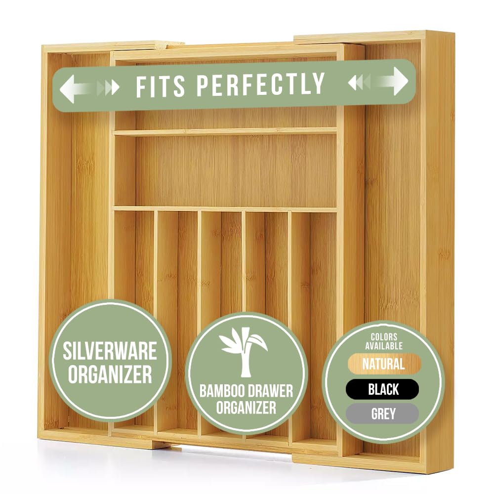 Purawood Bamboo Drawer Organizer - Expandable Silverware Organizer & Utensil Drawer Organizer, Cutlery Tray with Dividers, 7-9 Slots- Kitchen Organizer for Utensils & Flatware (Natural)