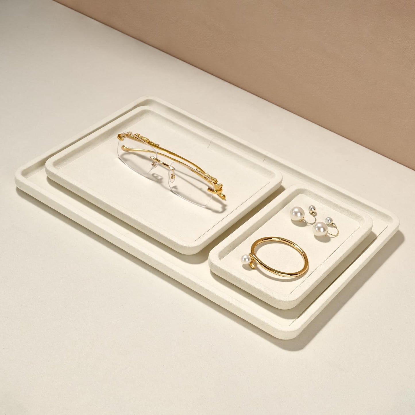 Papten Microfiber Jewelry Trays Stackable Ring Earring Bracelet Necklace Bangle Watch Display Tray Drawer Organizer 3.93 * 3.93 * 0.59inch (White