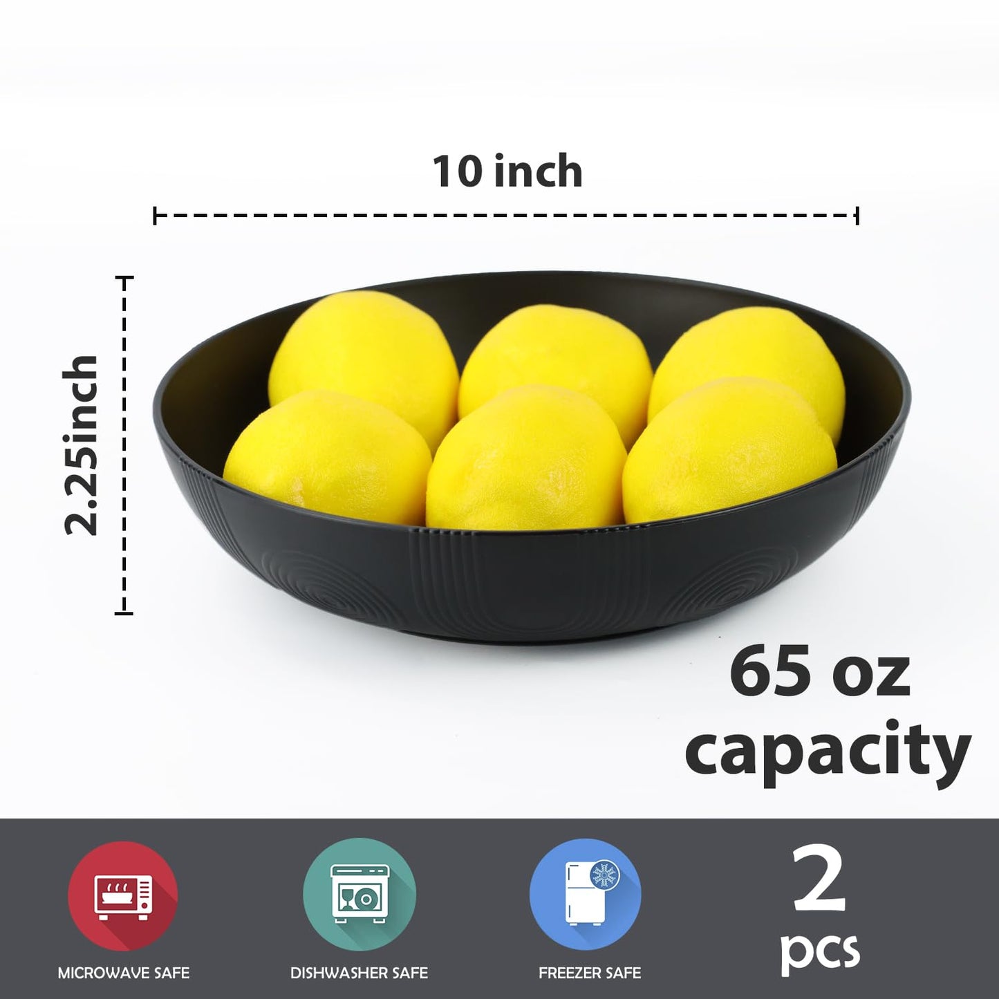 Wrova Large salad bowls,65oz Salad bowls set of 2,Unbreakable Plastic bowls Microwave & Dishwasher Safe Bowls,Wheat Straw Serving Bowls for Salad, Cereal, Fruit, Dishwasher Safe.Black