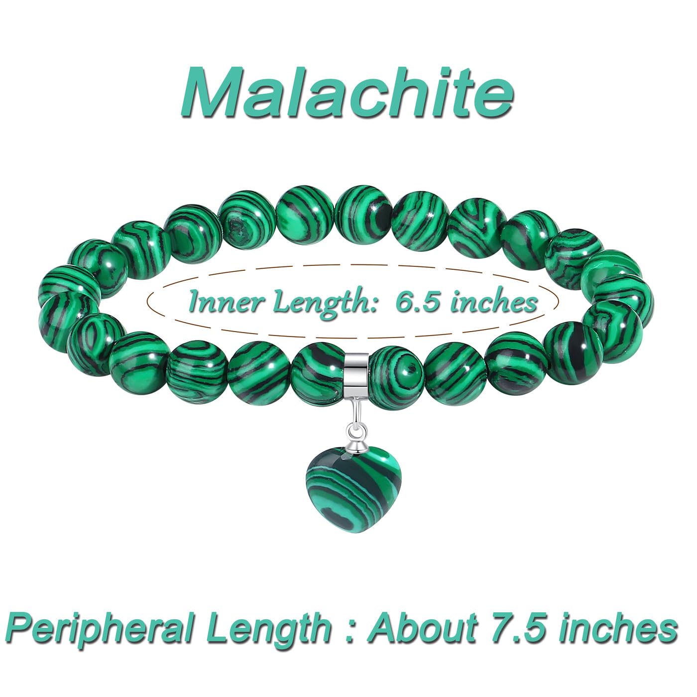 MAIBAOTA Malachite Bracelet for Women, 8 mm Beaded Bracelet, Mothers Day Crystal Gifts for Mom, Crystal Gemstone Love Heart Bracelet Jewelry Gifts for Birthday Valentine's Day Anniversary