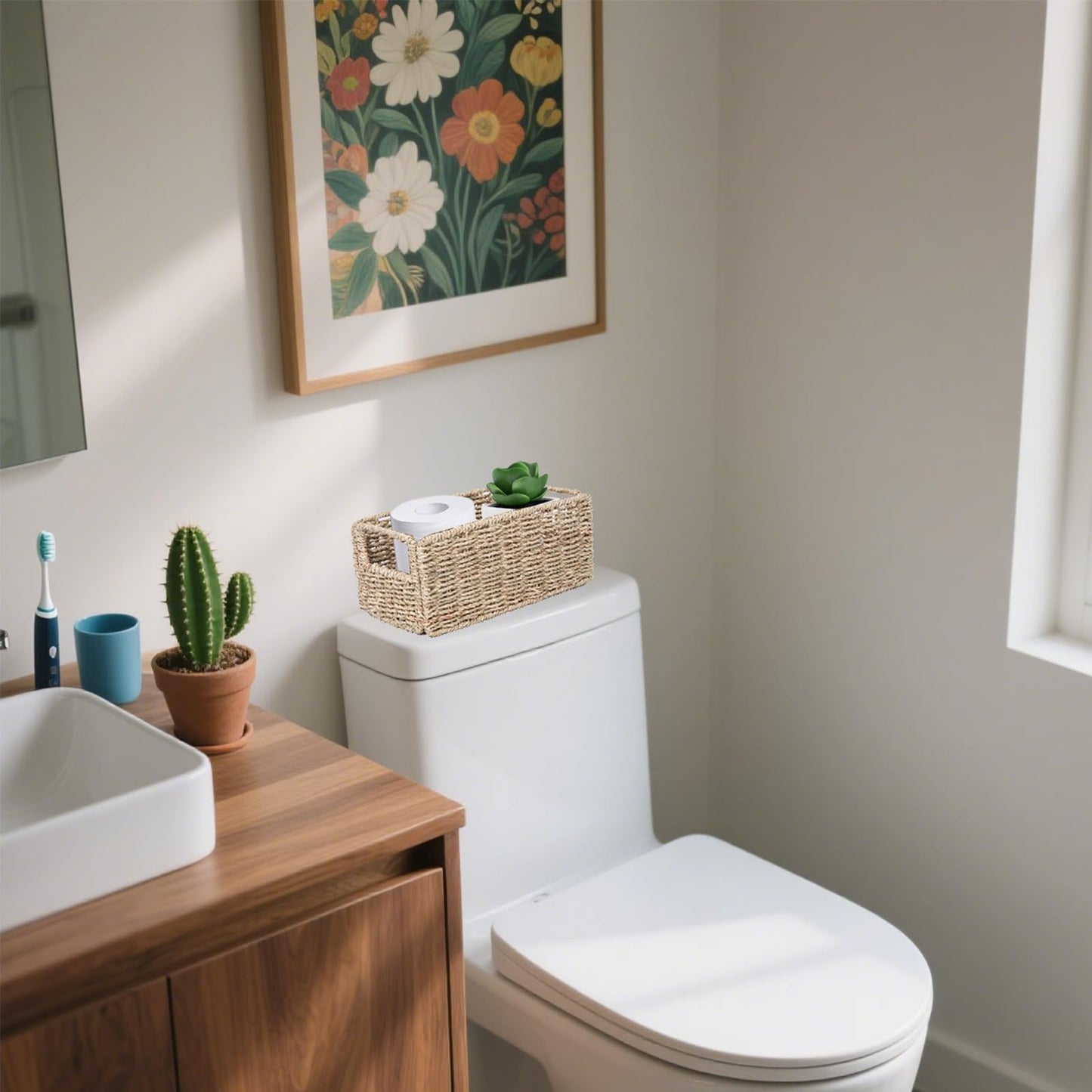 YRMT Small Seagrass Storage Basket Toilet Paper Baskets with Built-in Handles Bathroom Organizer Narrow Baskets for Organizing Toilet Tank 2 Pack (Seagrass)