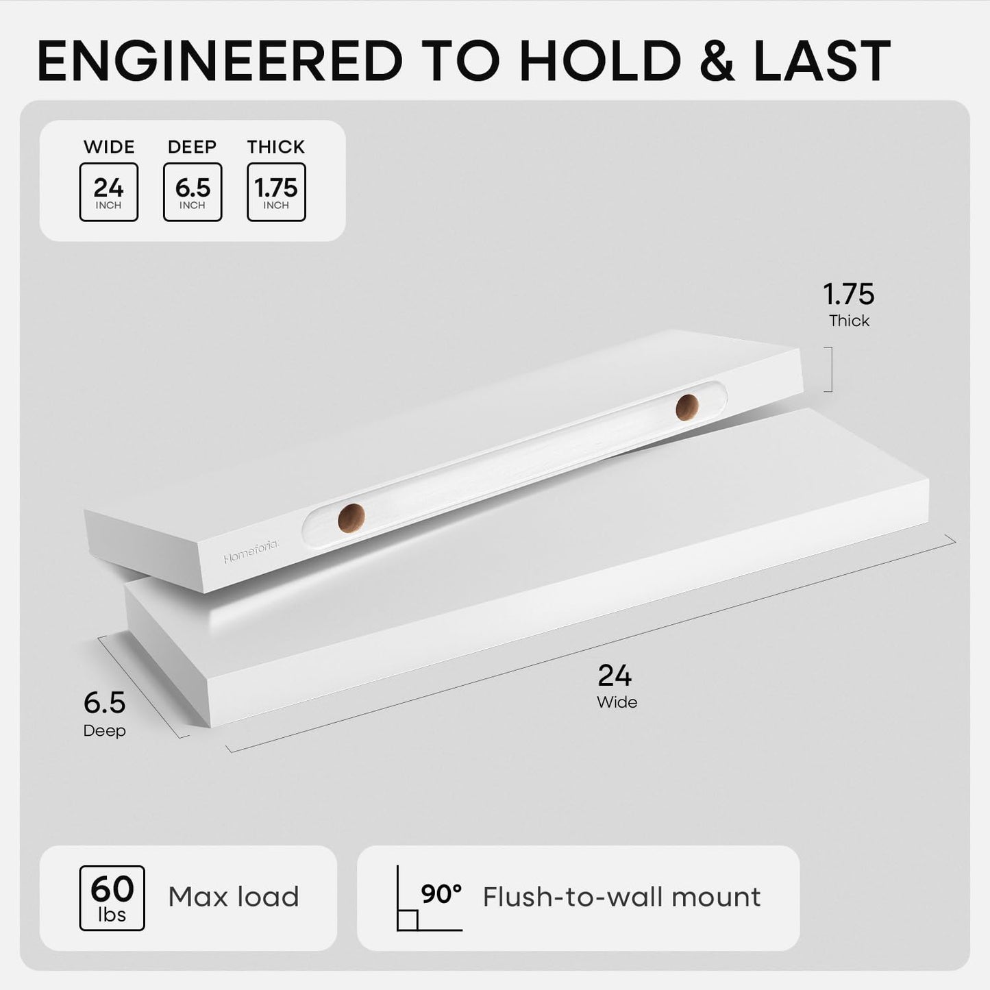 Homeforia White Floating Shelves 24 inch, High End Solid Real Wood 24inch Bathroom Floating Shelf for Wall Mounted, White Wooden 24in Floating Shelves, Heavy Duty Bracket, 24 X 6.5 X 1.75 in, Set of 2