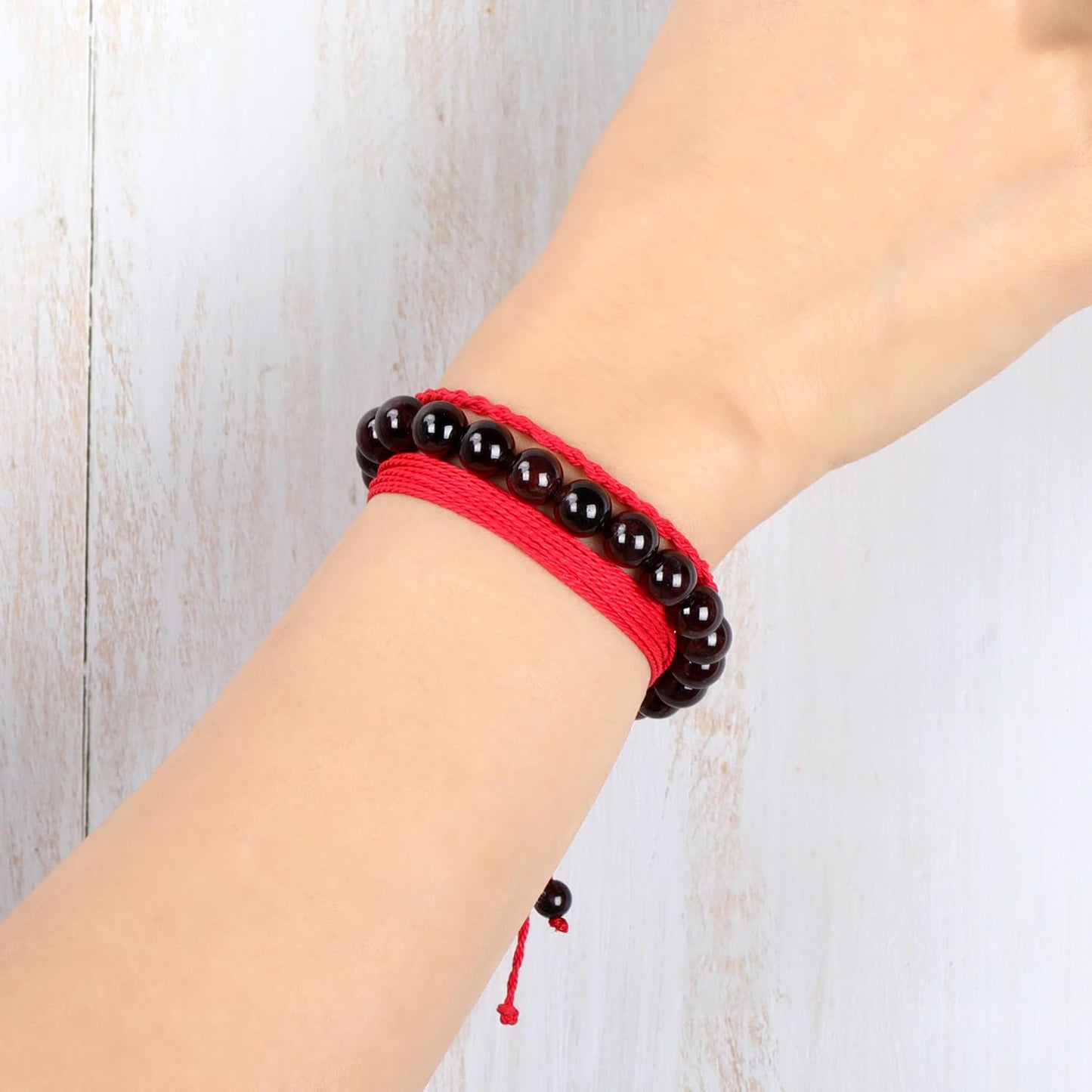 QOGIR Handmade Healing Bracelets,8mm Natural Red Garnet Gem Stone Beads Bracelet for Men Women Gifts with 2PCS Size Adjustable Rope Bracelets