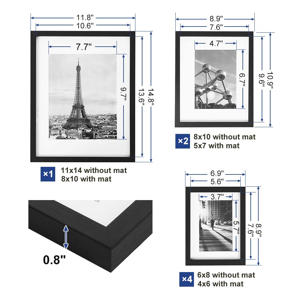 SONGMICS Picture Frames with 7 Mats, Set of 7 Collage Photo Frames, One 11x14, Two 8x10, Four 6x8 Frames, Hanging or Table Display, Glass, Black URPF37BK