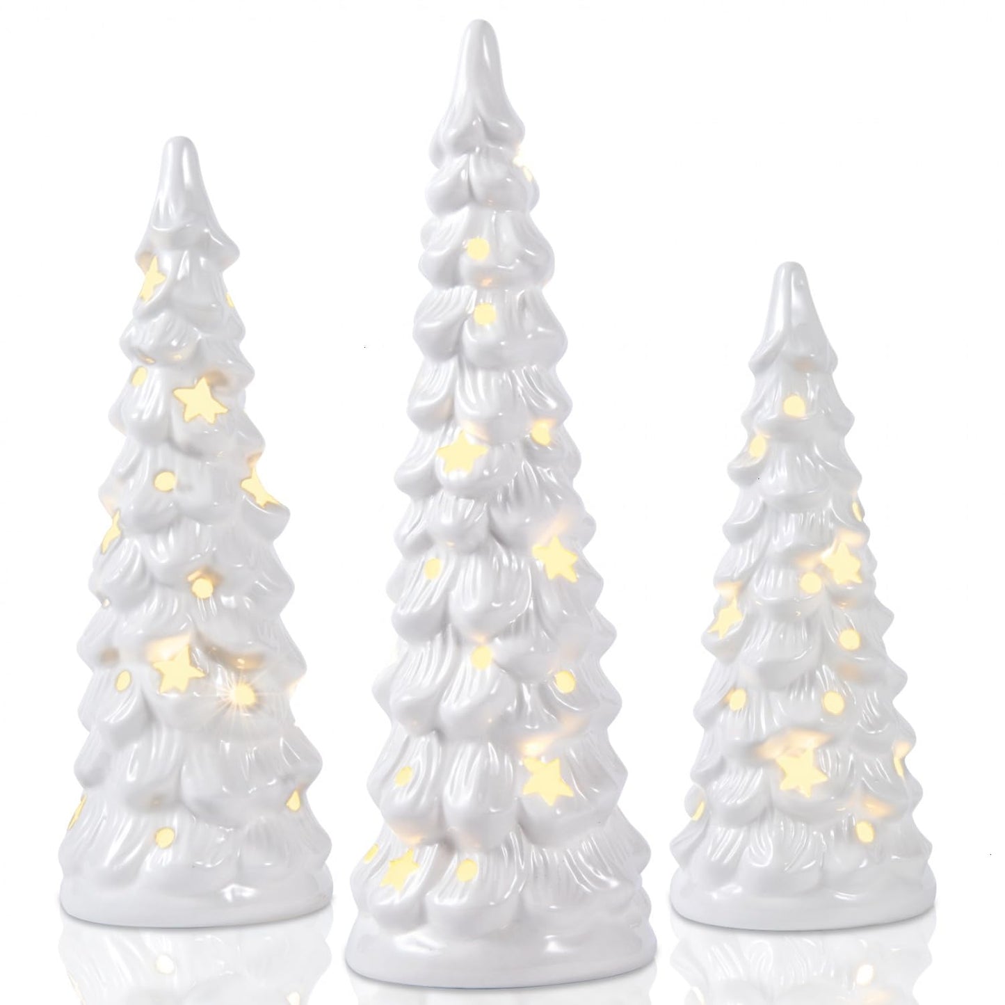 JETEHO Set of 3 White Ceramic Christmas Trees Tabletop Christmas Tree with Stars and Dots Cutouts Ceramic White Christmas Decorations for Home