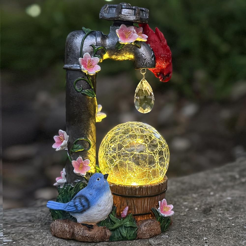 ZYLiWoo Solar Cardinal Garden Statue Decoration, Water Faucet and Solar Light Glass Ball, Outdoor Resin Garden Statue, Cardinal Gift, Women's Mother's Birthday Gift, Size 9.45 inches