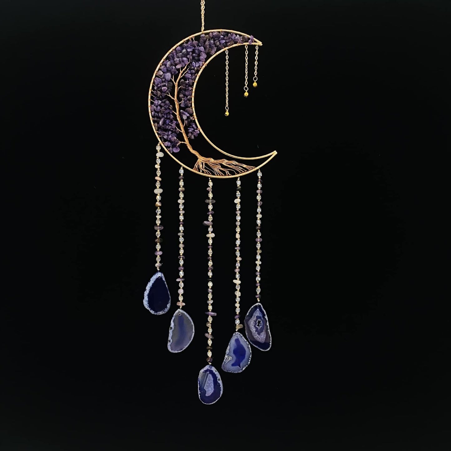 Agate Moon Dream Catchers with Crystal Purple Gemstone Dream Catchers Natural Tree of Life Gem Agate Wall Hangings Room Garden Dreamcatchers Decor (Purple)
