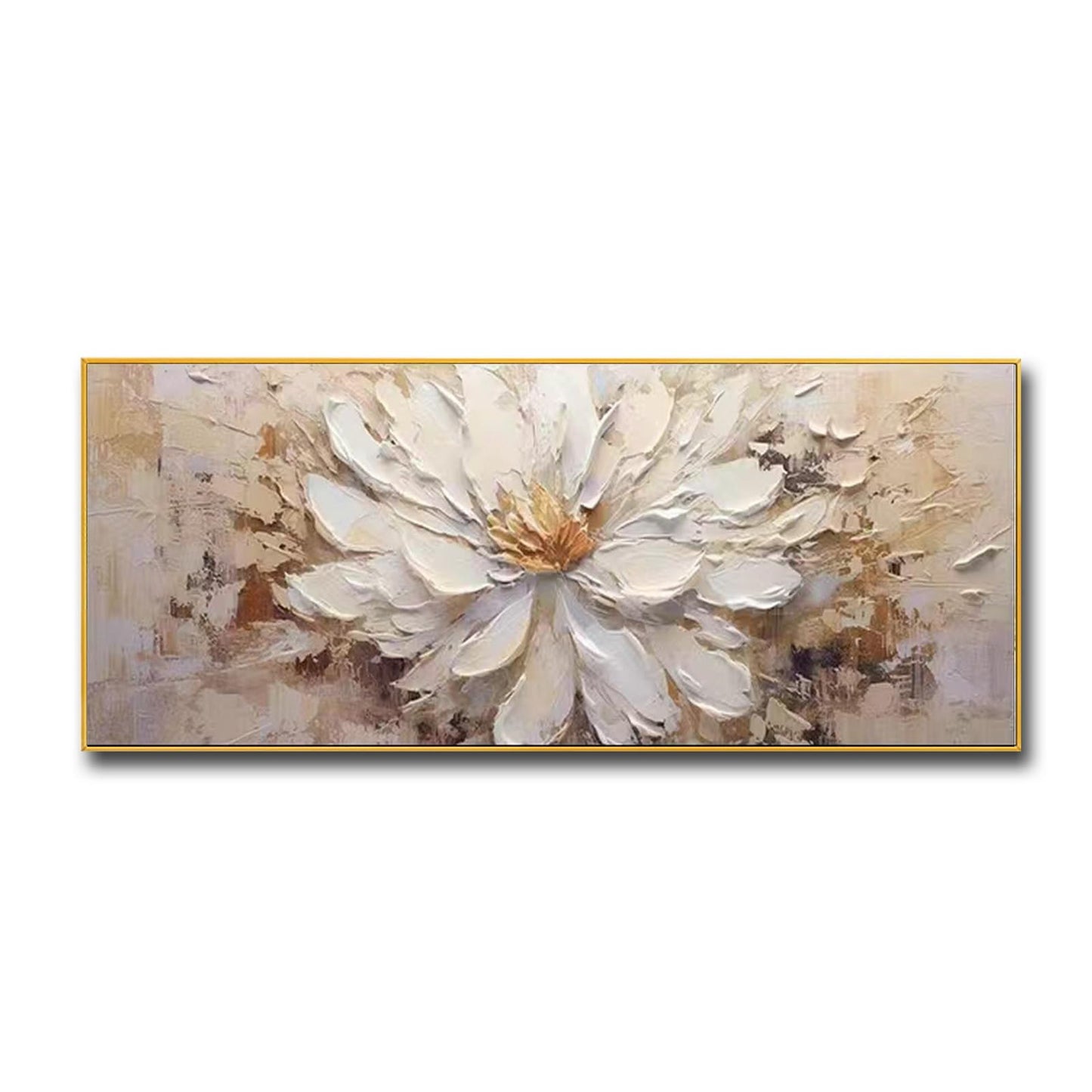 Hand-Painted Flower Canvas Oil Painting for Living Room, Large White Floral Canvas Wall Art for Bedroom,Gold Framed 3D Textured Painting for Office Kitchen Home Decoration 24x56 inches