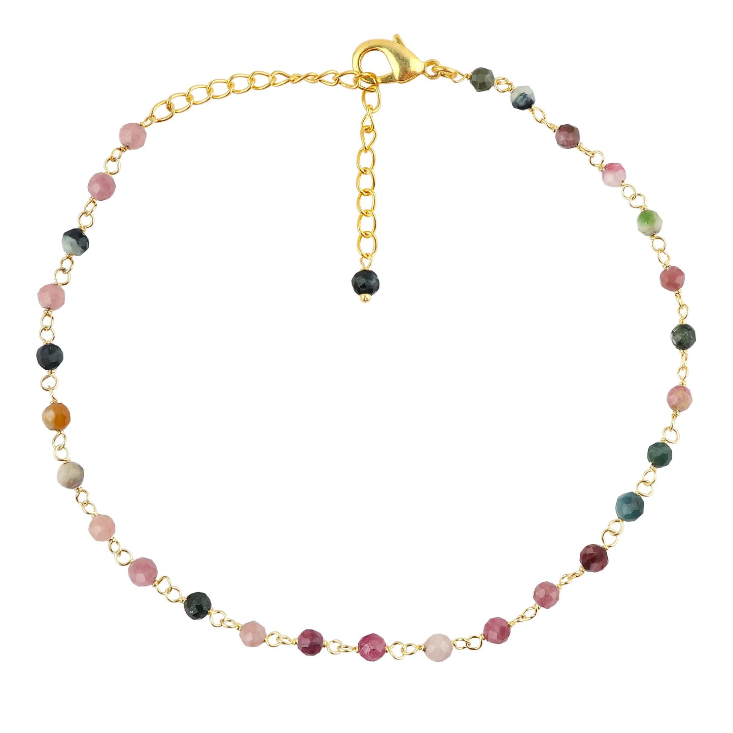 JOR Natural Multi Tourmaline Beaded Rosary Anklet, Handmade Craft, Anklet Beads Bracelet, Chakra Healing Anklet, Gemstone Women Jewelry, Dainty Gold Plated Anklet 9 inch + 1.5 inch (1pcs)