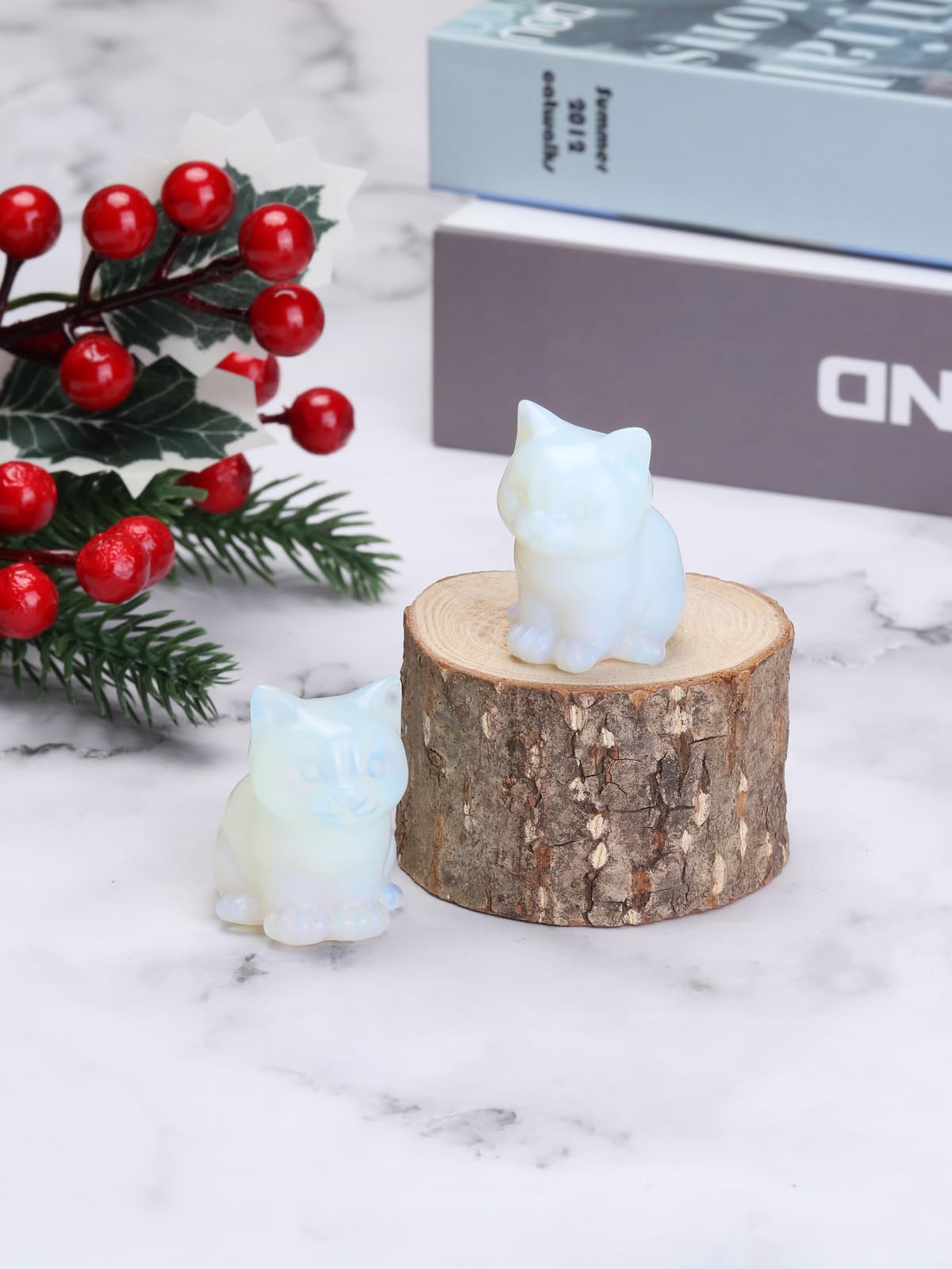 CrystalTears Opalite Crystal Cat Figurine Carved Healing Crystal Gemstone Cat Lucky Cute Stone Cat Statue for Home Office Desk Meditation Decor Crystal Gifts for Women Men Cat Lover Christmas