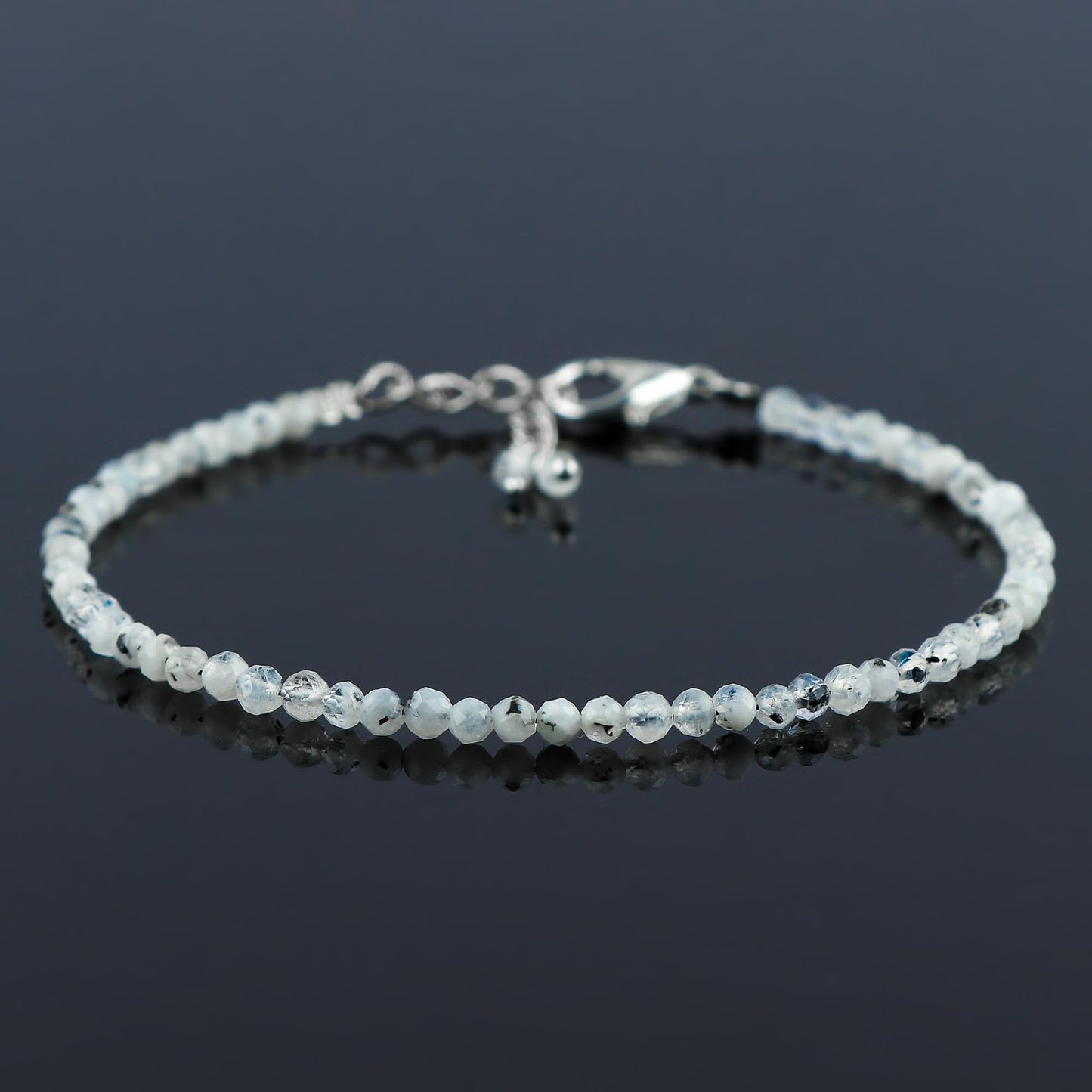 Gemkora Natural Real Moonstone Crystals Bracelet, 3mm Best Grade Micro Cut Beads, Chakra Healing Gemstone, Beautiful Simple Jewelry, Silver Plated Jewelry 7+1 inch