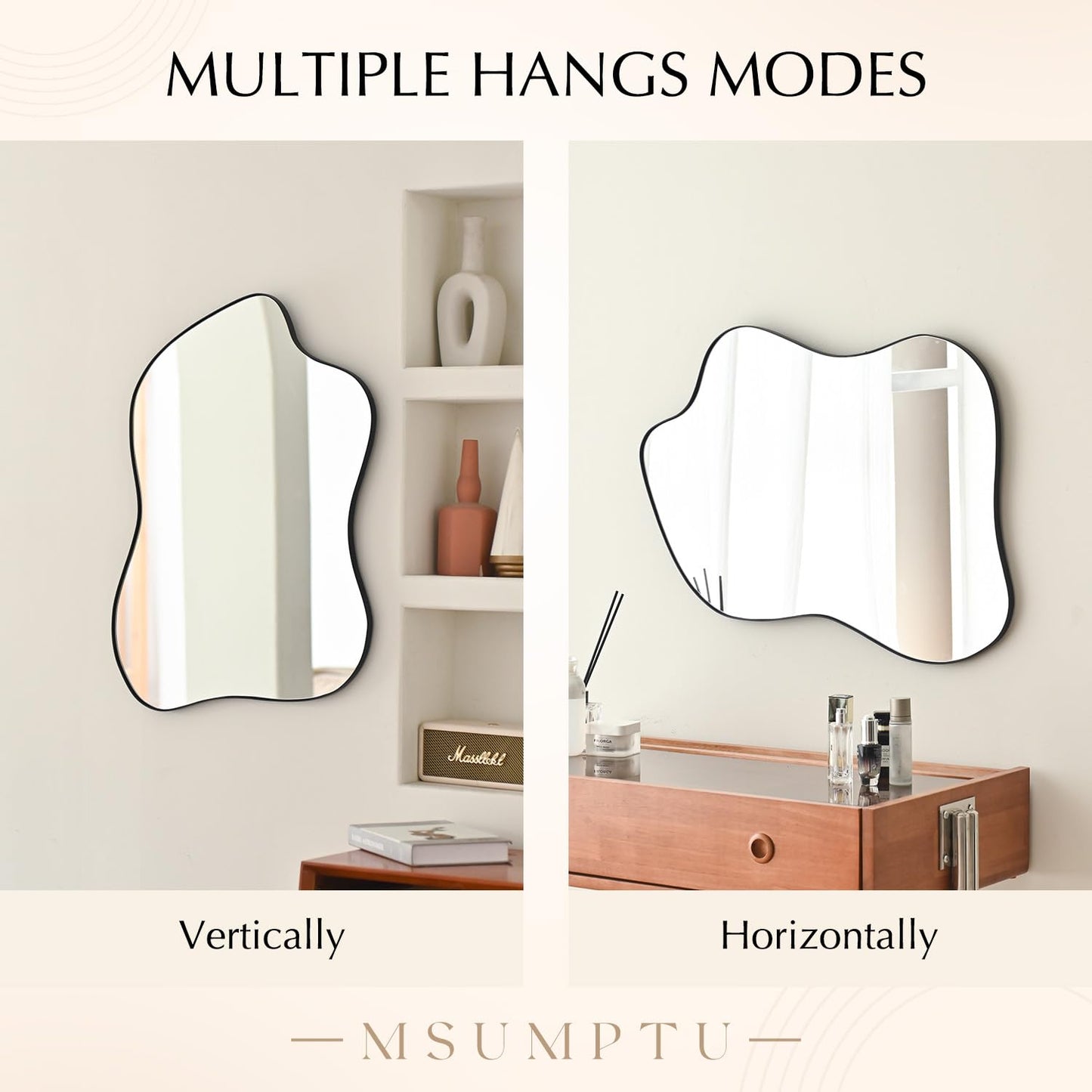 MSUMPTU Irregular Wall Mirror Black Wave Shaped Metal Framed Wall Mirror for Bathroom Bedroom Entryway Living Room Wall Decor 24" L x 18" W 2305B