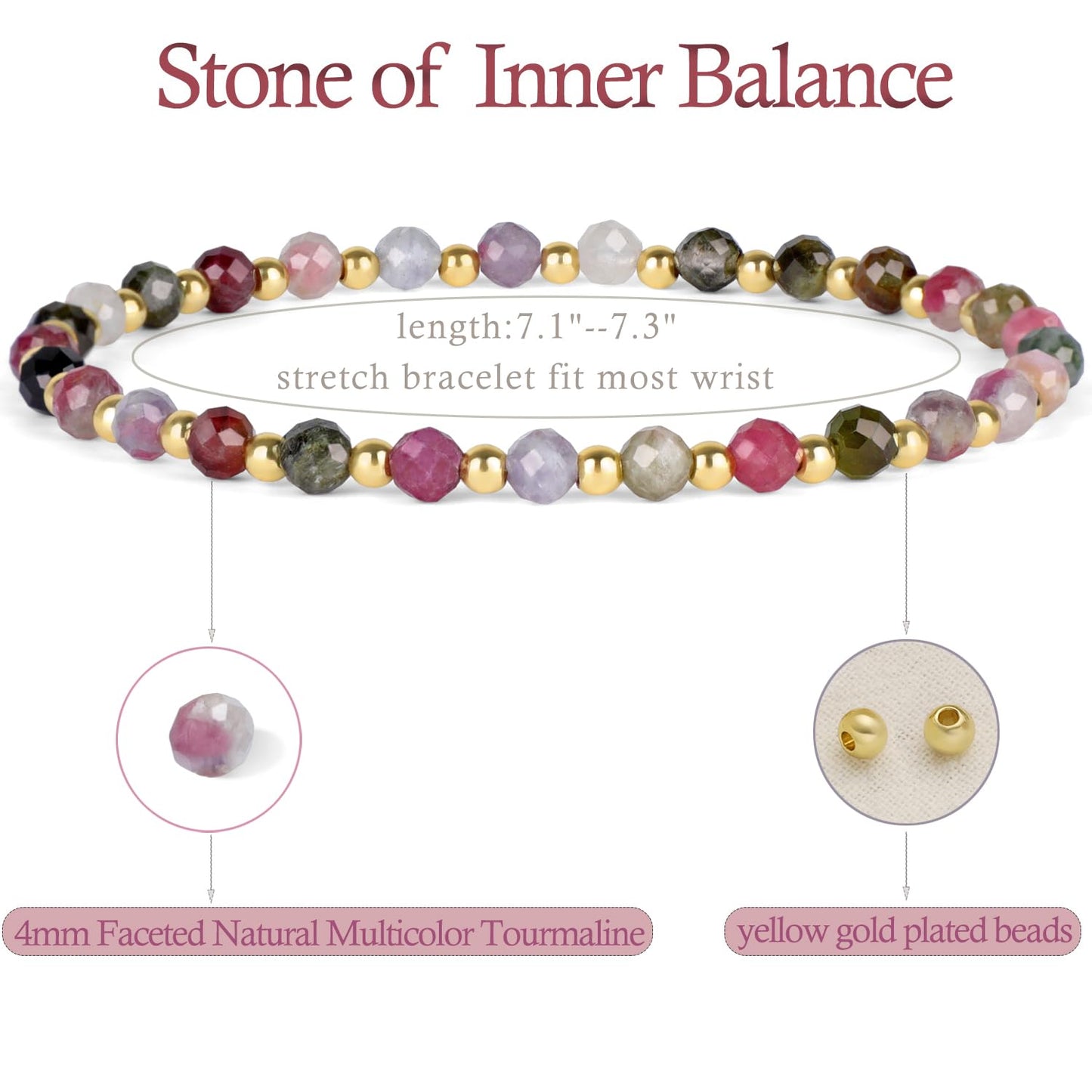 QOGIR Multicolor Tourmaline - Stone of Inner Balance - 14K Gold Plated Beads Natural Gemstone Stretch Elastic Dainty Healing Beaded Bracelets Gifts 4mm