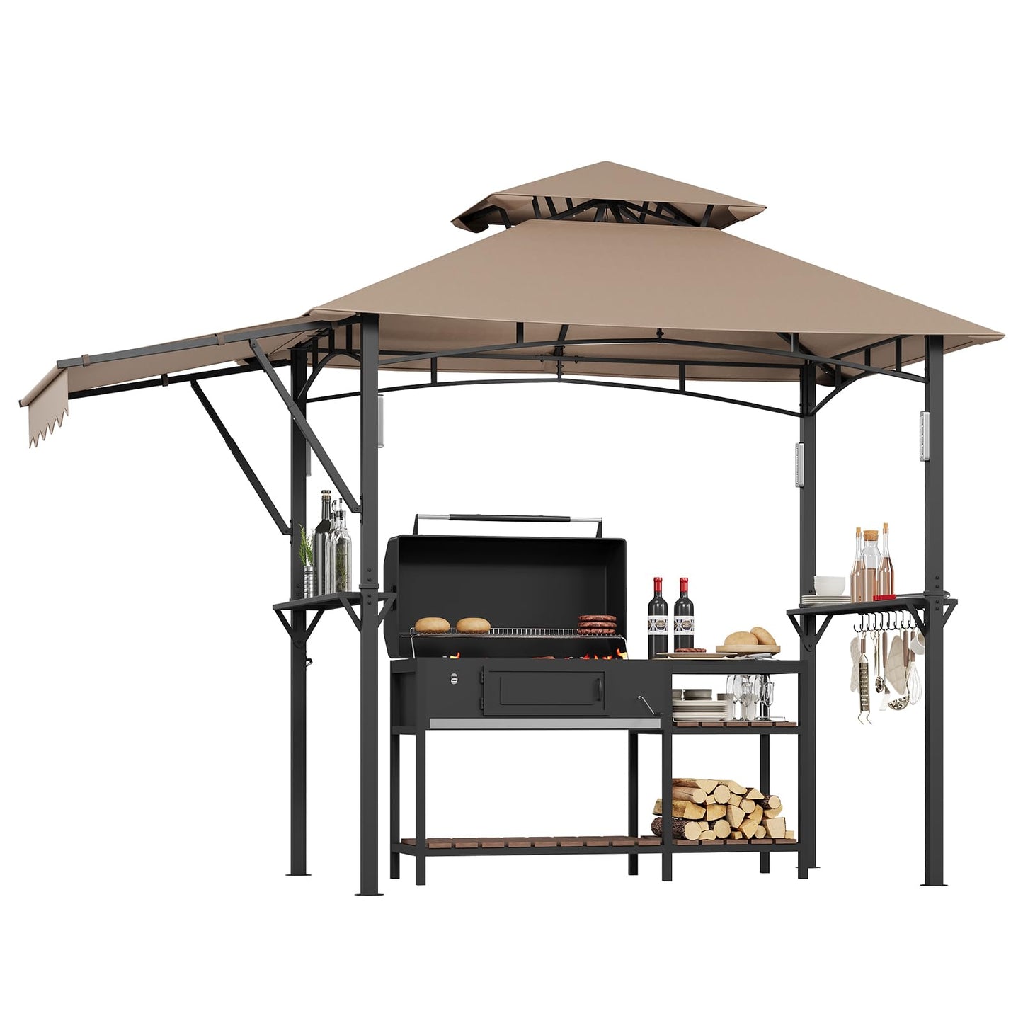 Garvee 8x5 ft Grill Gazebo with Side Awning, Double-Tier BBQ Canopy with 2 Side Shelves, 4 LED Lights,10 Hooks & Bottle Opener, Heavy-Duty Outdoor Grill Shelter for Patio, Backyard, Garden, Deck,Khaki