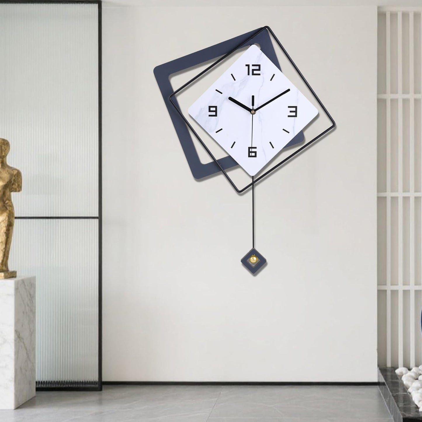 Wall Clock with Pendulum, Silent Quality Quartz Battery Operated, Metal Modern Large Wall Clocks for Living Room Kitchen Home Bathroom Bedroom Wall Decor,16x21inch(Black)
