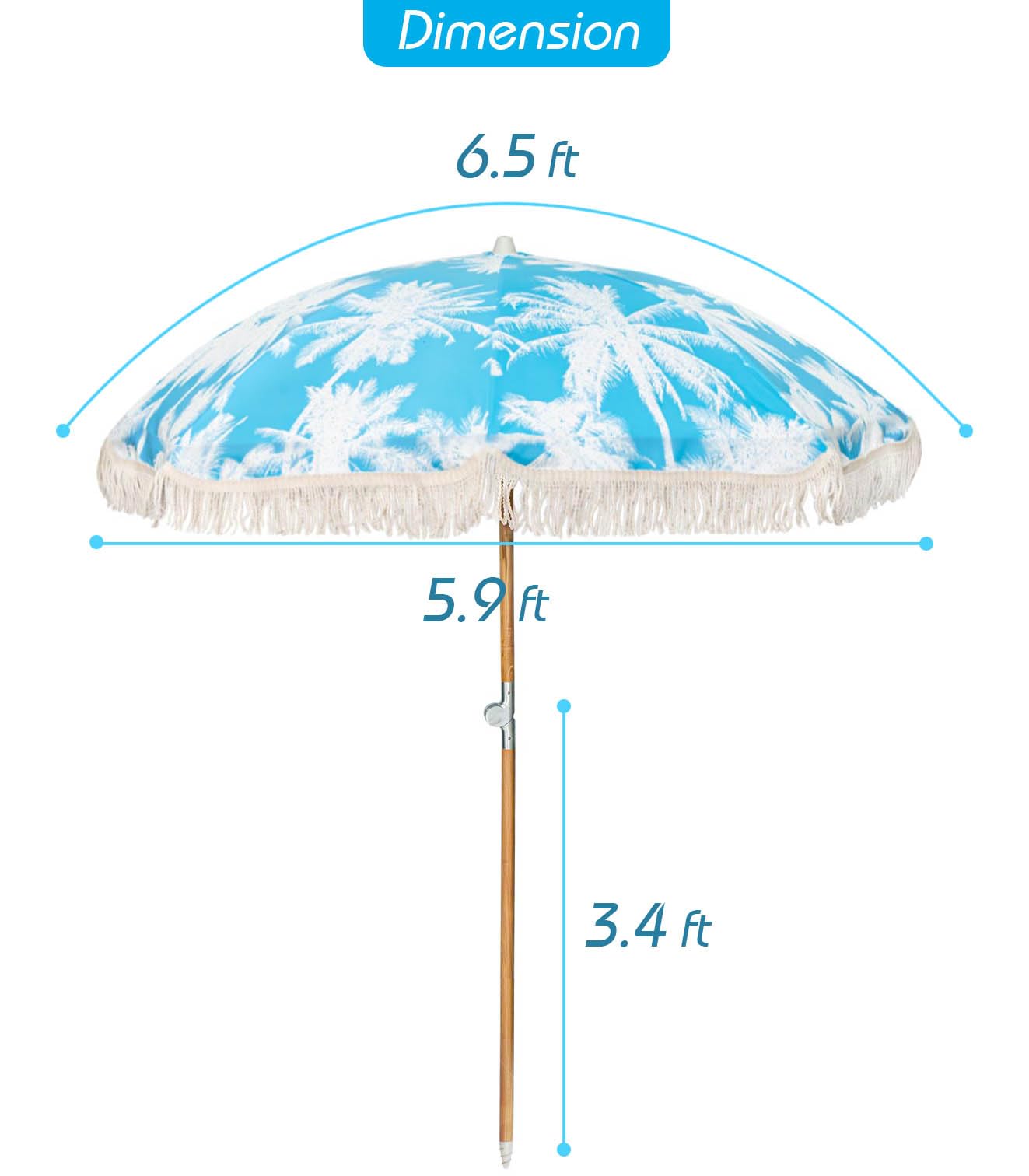 STANDERECT 6.5Ft Boho Beach Umbrella with Fringe, Tassel Umbrellas with Tilting Wood Pole & Carrying Bag, UPF 50+ for Beach (Palm)