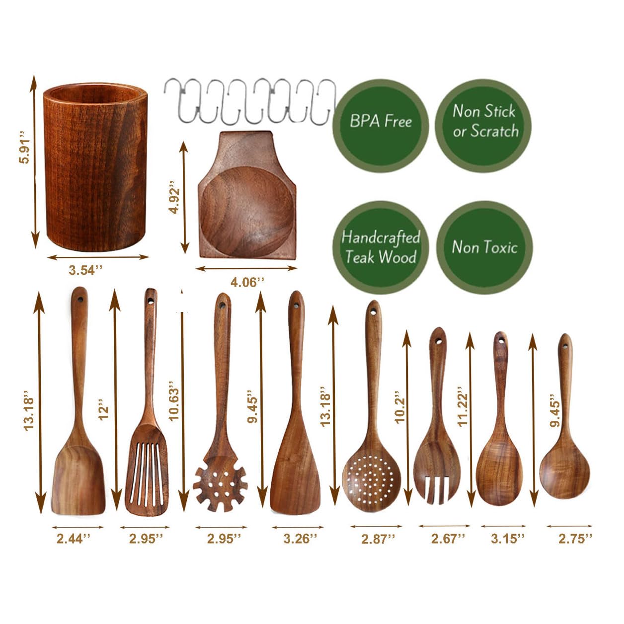 BaraBara Kitchen Utensils Set, Wooden Holder, Spoon Rest and Hooks, Kitchen Wooden Utensils, 100% Natural Teak Wooden Kitchen Utensil