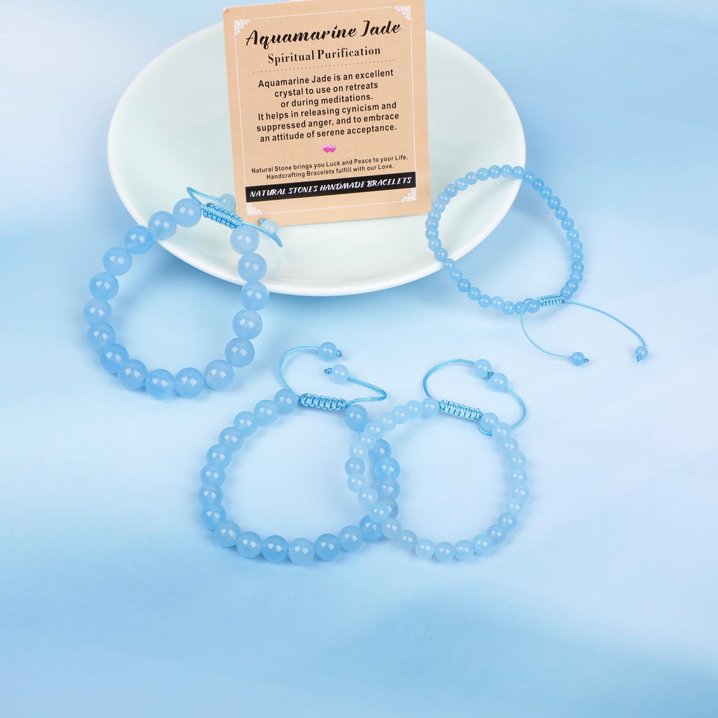 AD Beads 8mm Aquamarine Jade - Spiritual Purification - Handmade Natural Stone Crystal Bracelet with Adjustable Macrame String - Yoga Healing Power Energy Gifts for Men and Women