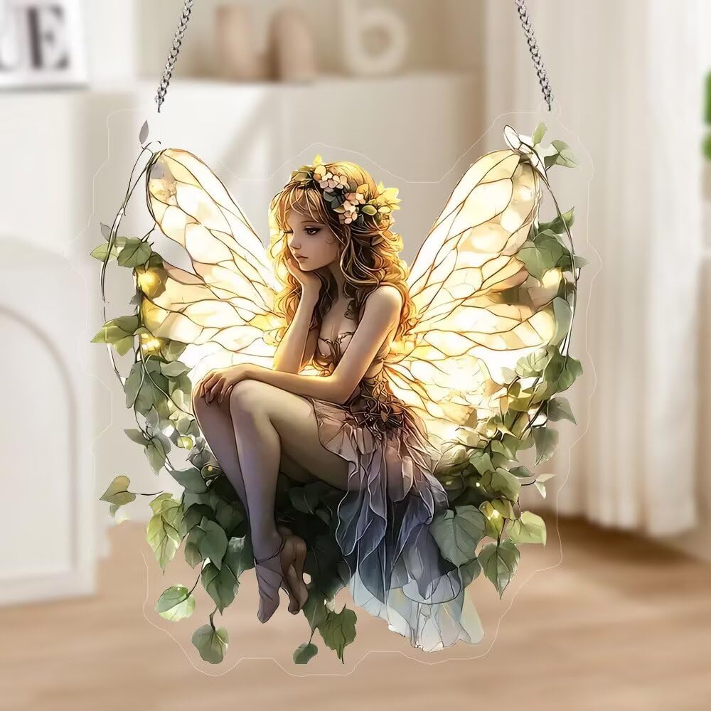 1PC Fairy with Vines Acrylic Suncatcher Hanging, 7.08 inch Window Decor with Printed Stained Glass Style Design, Rainbow Maker Wall Art, Gift Idea & Garden Ornament Indoor Outdoor Use/YX-12