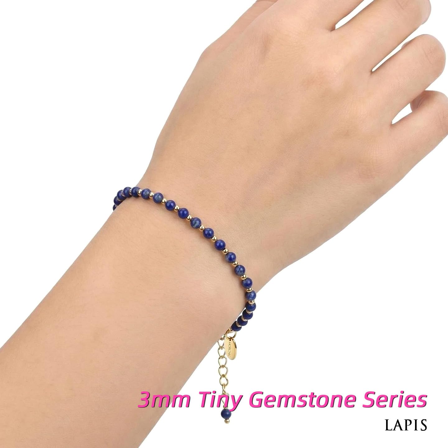 Morchic 3mm Blue Lapis Lazuli Natural Gemstone Beaded Bracelet for Women, Dainty Tiny Charm Jewelry, Adjustable 7.1-8.6", Ideal Birthday Holiday Gift