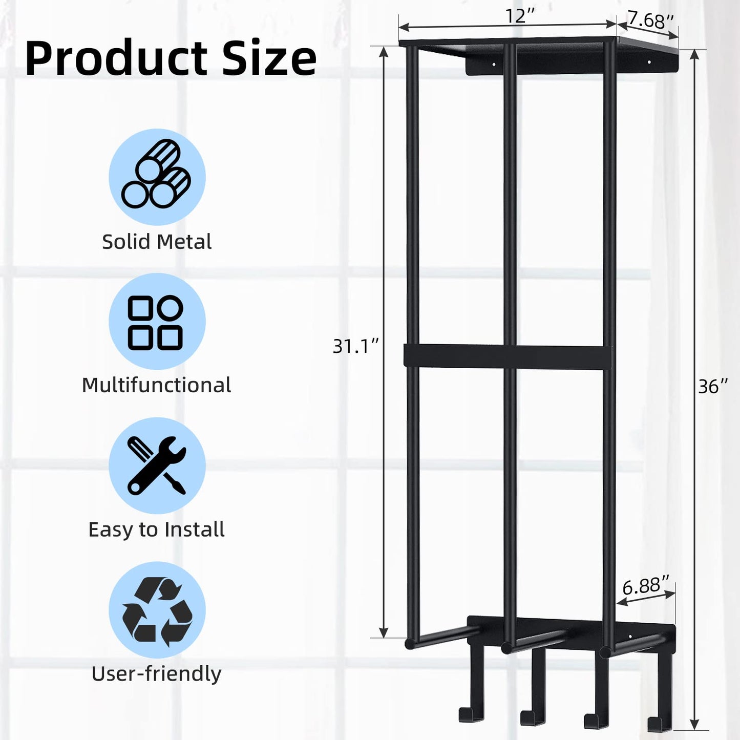 Camping Chair Wall Storage for Garage, Metal Camping Chair Storage Rack Wall Holder, Floating Shelf, 4 Hooks, Stainless Steel, Beach Chair Rack, Umbrella Holder, Garage Chair Organizer, Matte Black