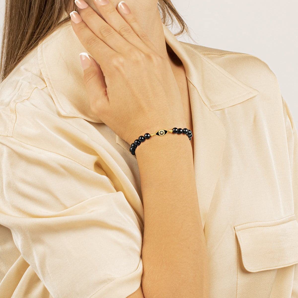 KARMA AND LUCK - Expanding Consciousness - Women's Real Onyx Gemstones 925 Sterling Silver - 18K Gold Plated Black Enamel Diamond Chip Evil Eye Charm Stretch Bracelet, Gift for Her