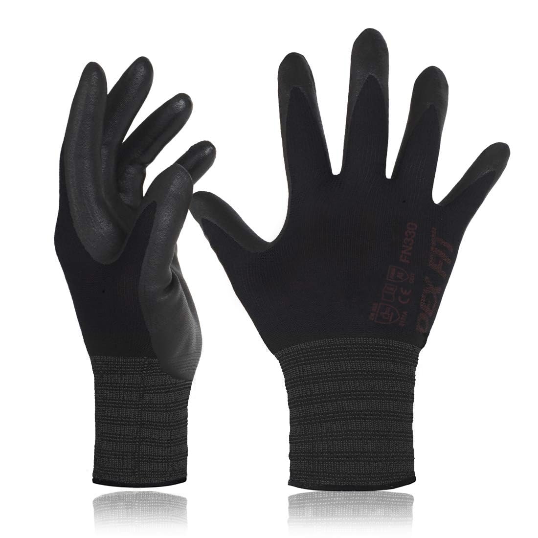DEX FIT Nitrile Work Gloves FN330, 1 Pair, 3D-Comfort Stretchy Fit, Firm Grip, Thin & Lightweight, Touch-Screen Compatible, Durable, Breathable & Cool, Machine Washable; Black XL (10)