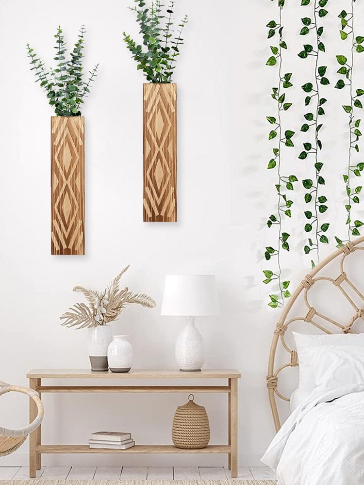 Wooden Wall Vase Set of 3 - Geometric Hanging Planters for Indoor Plants, Modern Wall Decor for Living Room, Bedroom, Bathroom, Home, Office, Apartment, Farmhouse & Boho Style (A)