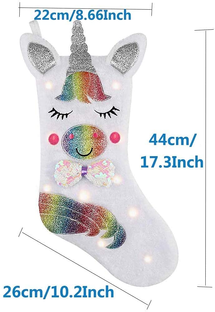 shelly home Christmas Stocking with LED Light Unicorn Sparkly Sequins Stockings for Christmas Decoration