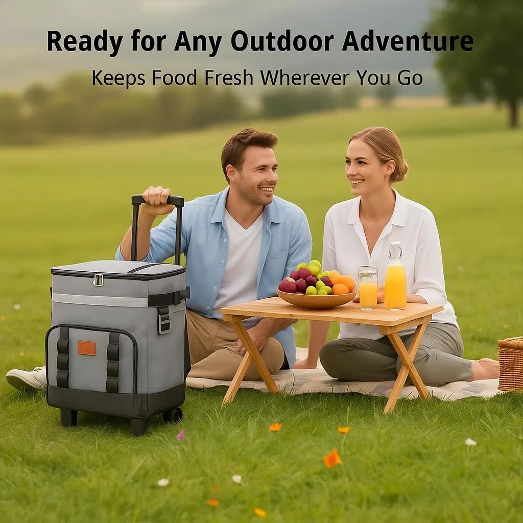 Spherate Insulated Rolling Cooler with Wheels - Soft Leak Proof Ice Chest for Camping, Beach, Travel and Lunch - Portable Wheeled Cooler (Gray)