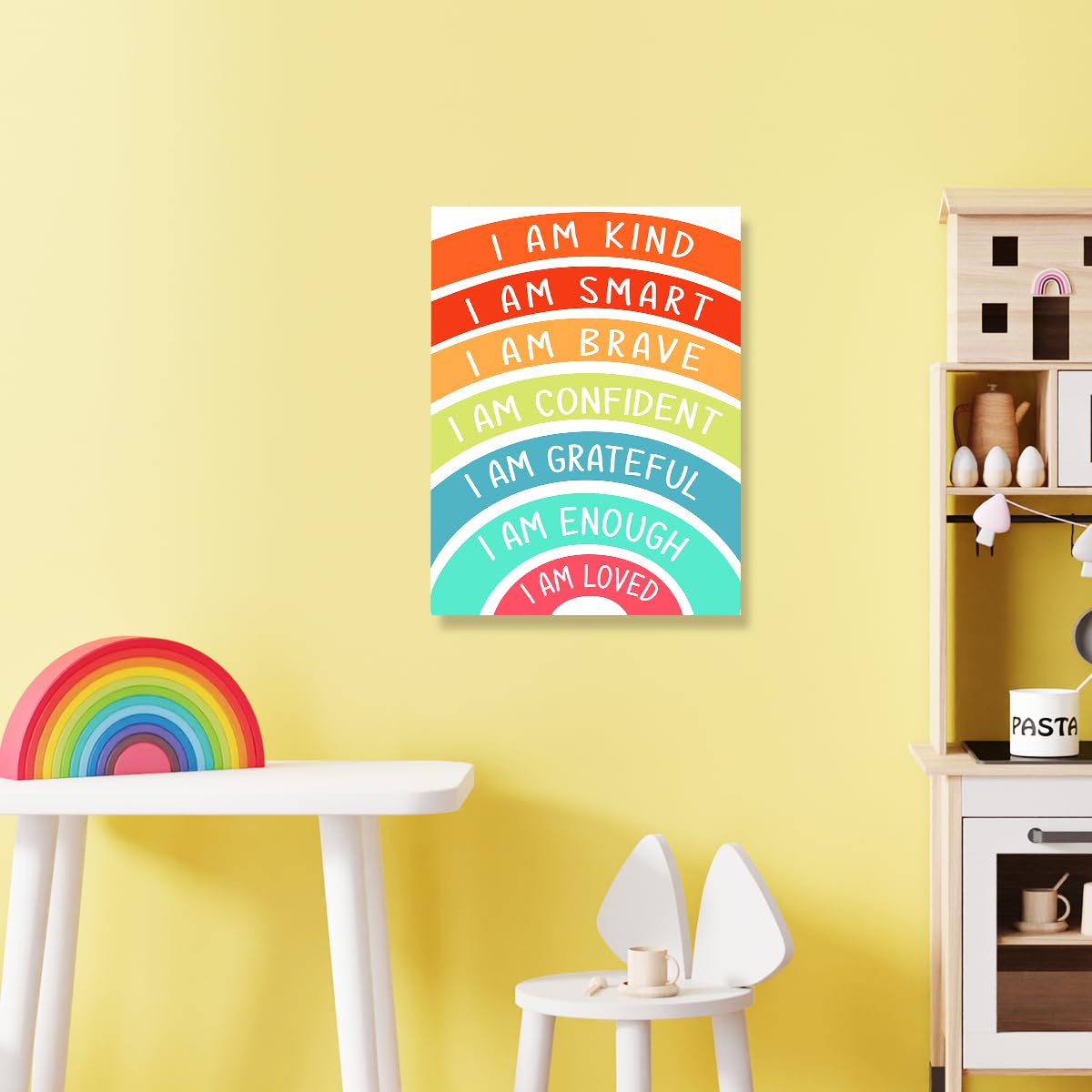Positive Kids Affirmation Wall Decor, I Am Kind Smart Rainbow Classroom Wall Art Canvas Framed Print for Calming Corner School Counselor Wall Decor 12 x 15 in