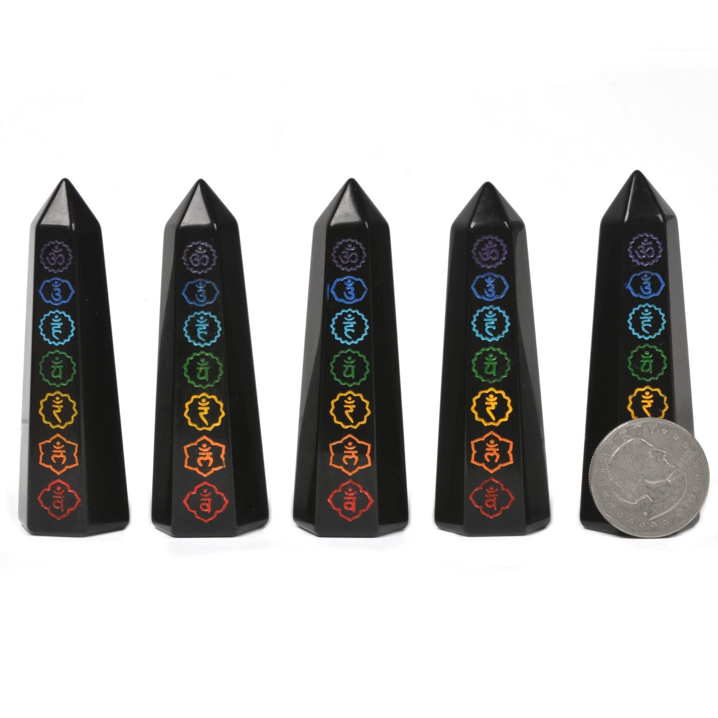 Black Obsidian 7 Main Chakras Seven Symbolic Sanskrit Text Crystal Tower Healing Crystal The Seven Chakras Wand For Spiritual Use Hexagonal Point Reiki Chakra Gemstone Home Office Decor